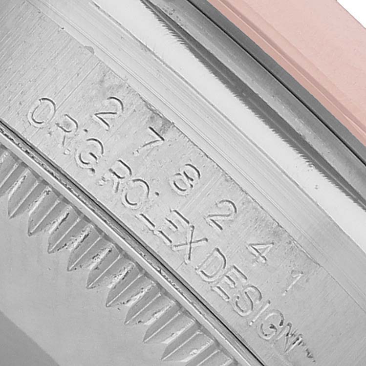The image shows a close-up of the case side and bezel of a Rolex Datejust 278241 Women's Stainless Steel Pink Dial, featuring model engraving.