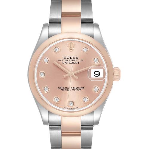 The Rolex Datejust 278241 Women's Stainless Steel Pink Dial watch is shown from the front, highlighting the dial, hands, diamond markers, date window, and bracelet.