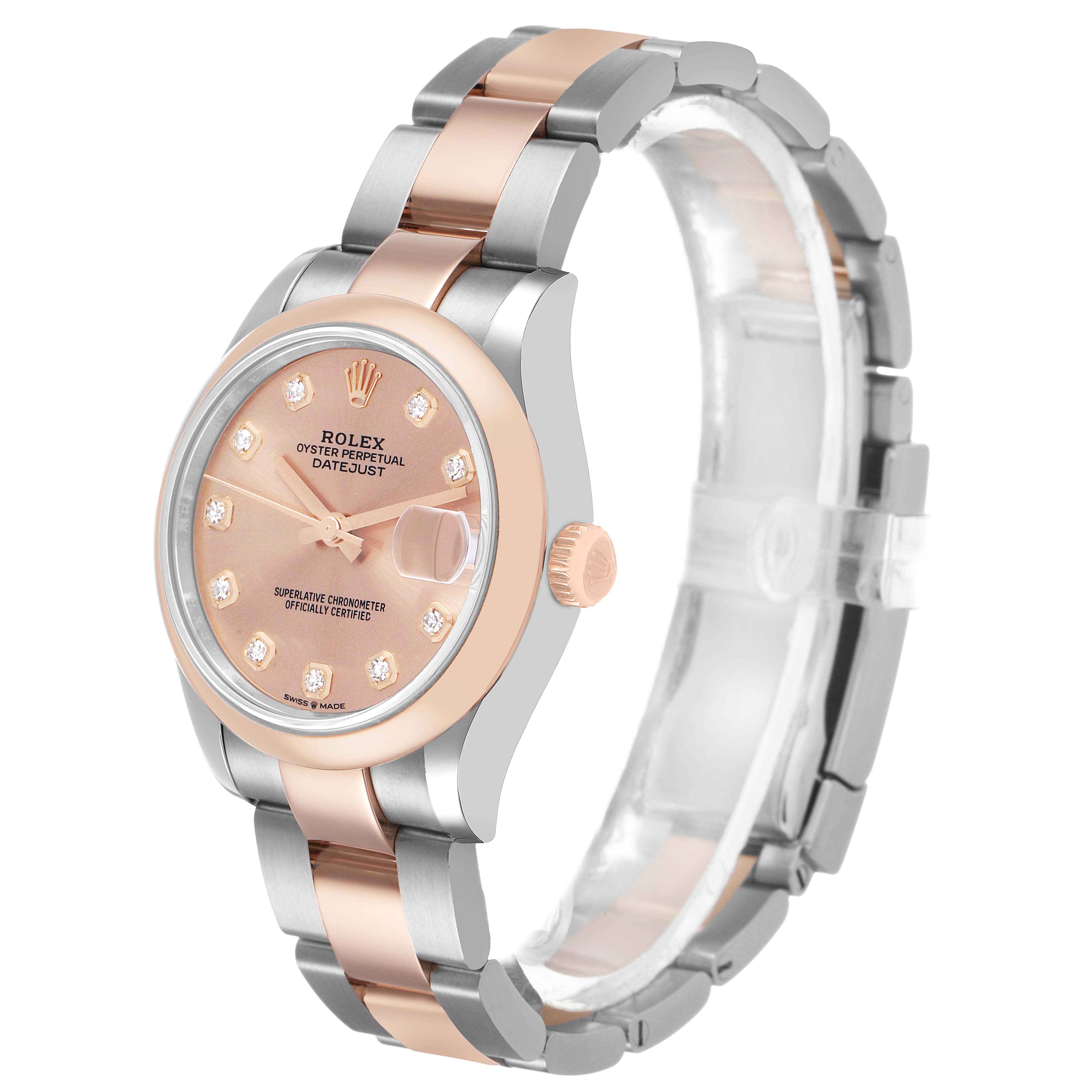 The Rolex Datejust 278241 Women's Stainless Steel Pink Dial watch is shown in a side angle, highlighting the dial, bezel, crown, and the two-tone bracelet.