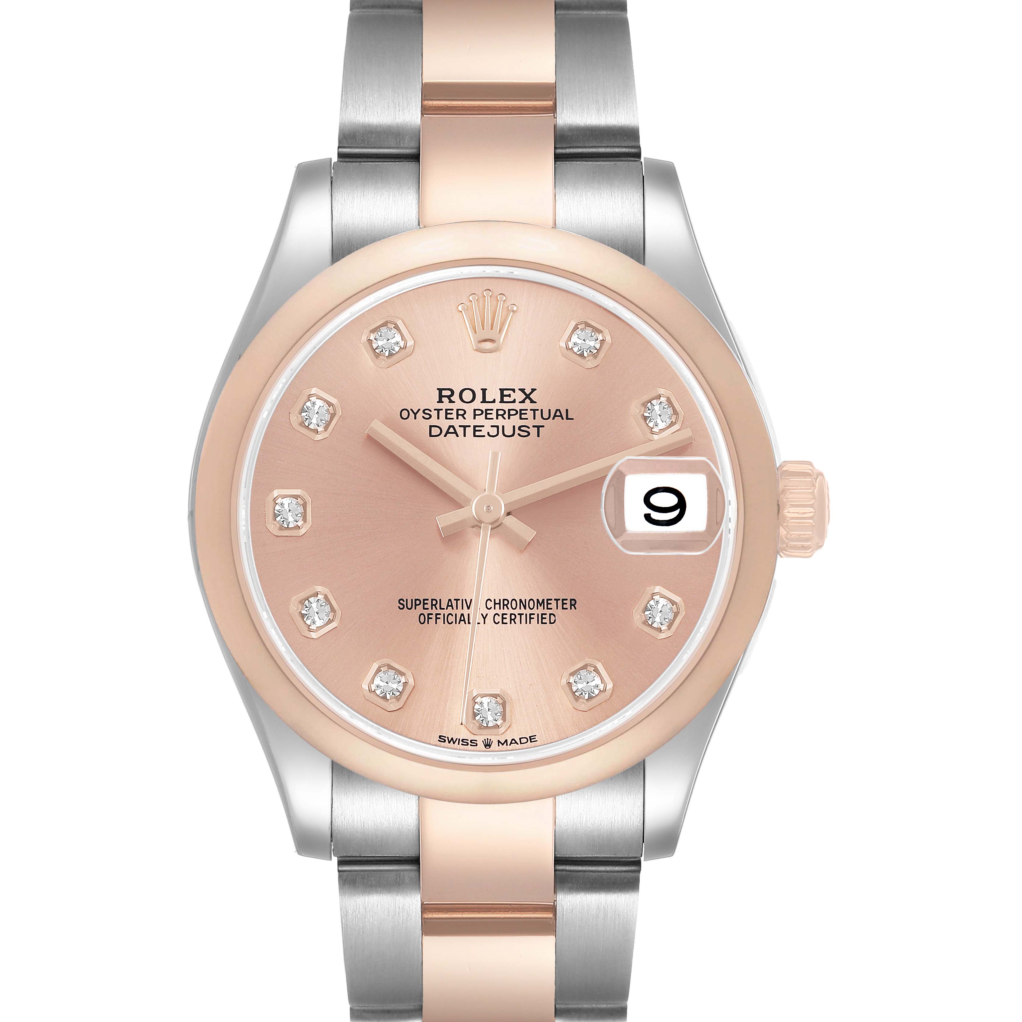 The Rolex Datejust 278241 Women's Stainless Steel Pink Dial watch is shown from the front, displaying its dial, bezel, crown, and part of the bracelet.