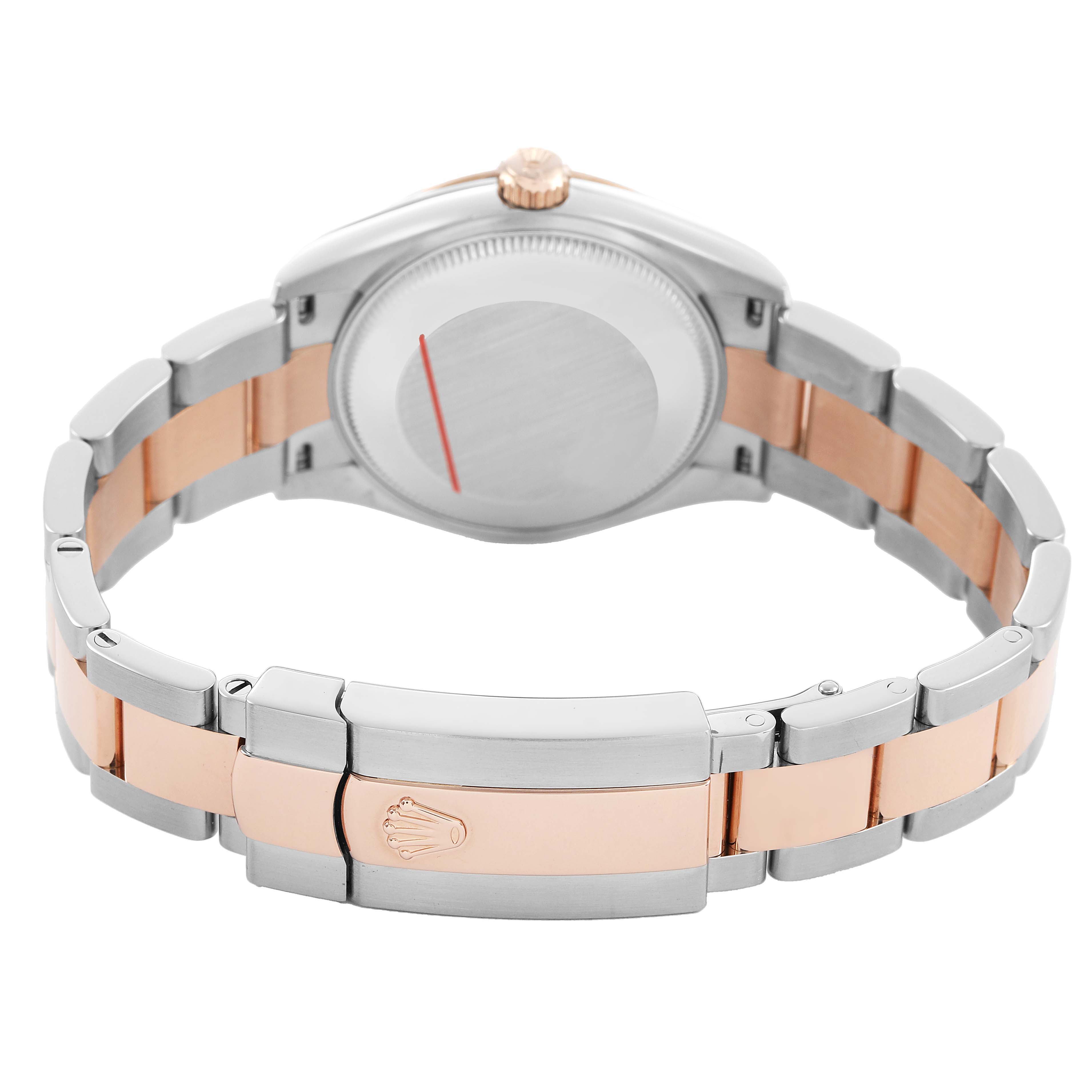 The Rolex Datejust 278241 Women's Stainless Steel Pink Dial watch is shown from the back, highlighting the clasp and two-tone bracelet.