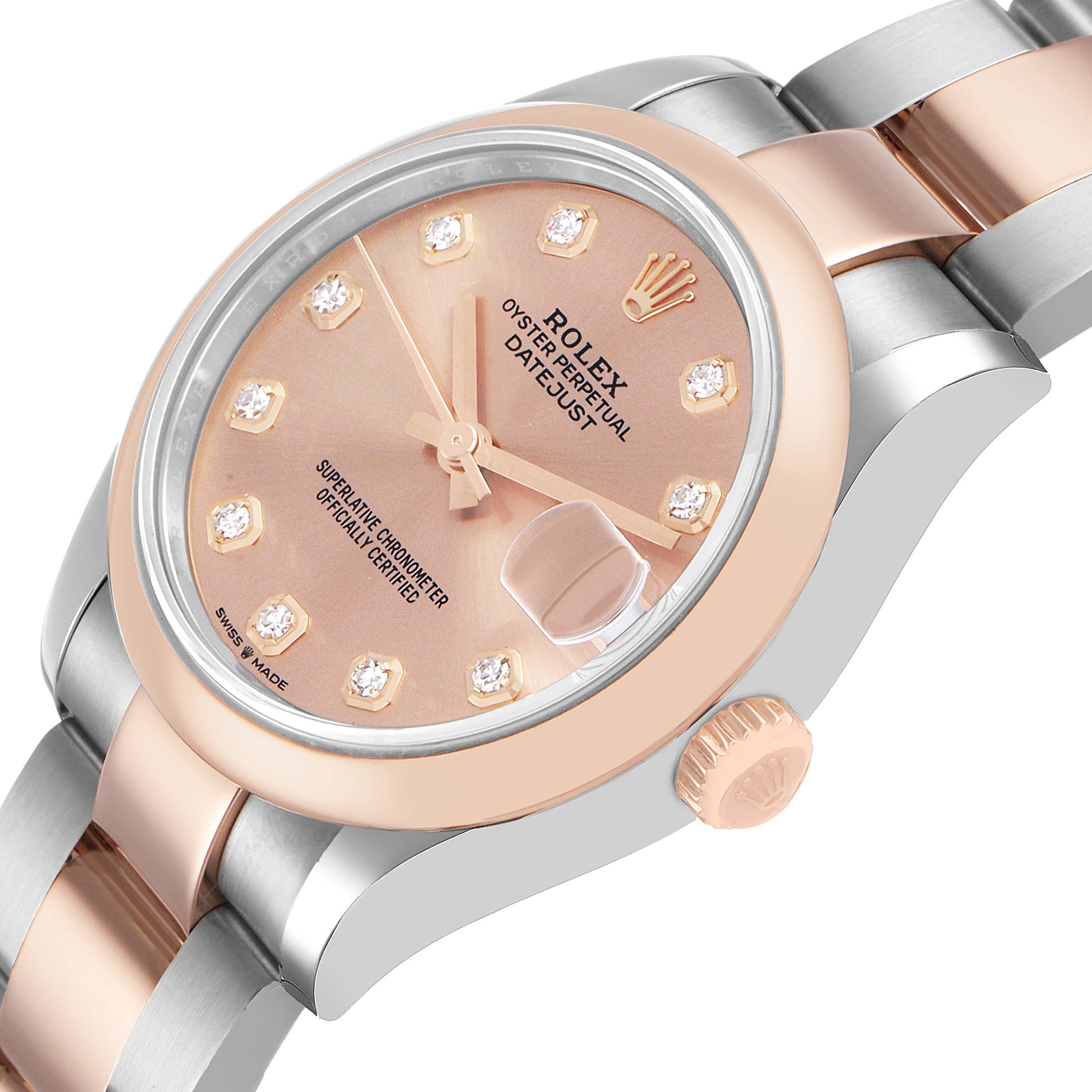 The Rolex Datejust 278241 Women's Stainless Steel Pink Dial is shown at a slight angle, highlighting the dial, bezel, crown, and part of the bracelet.