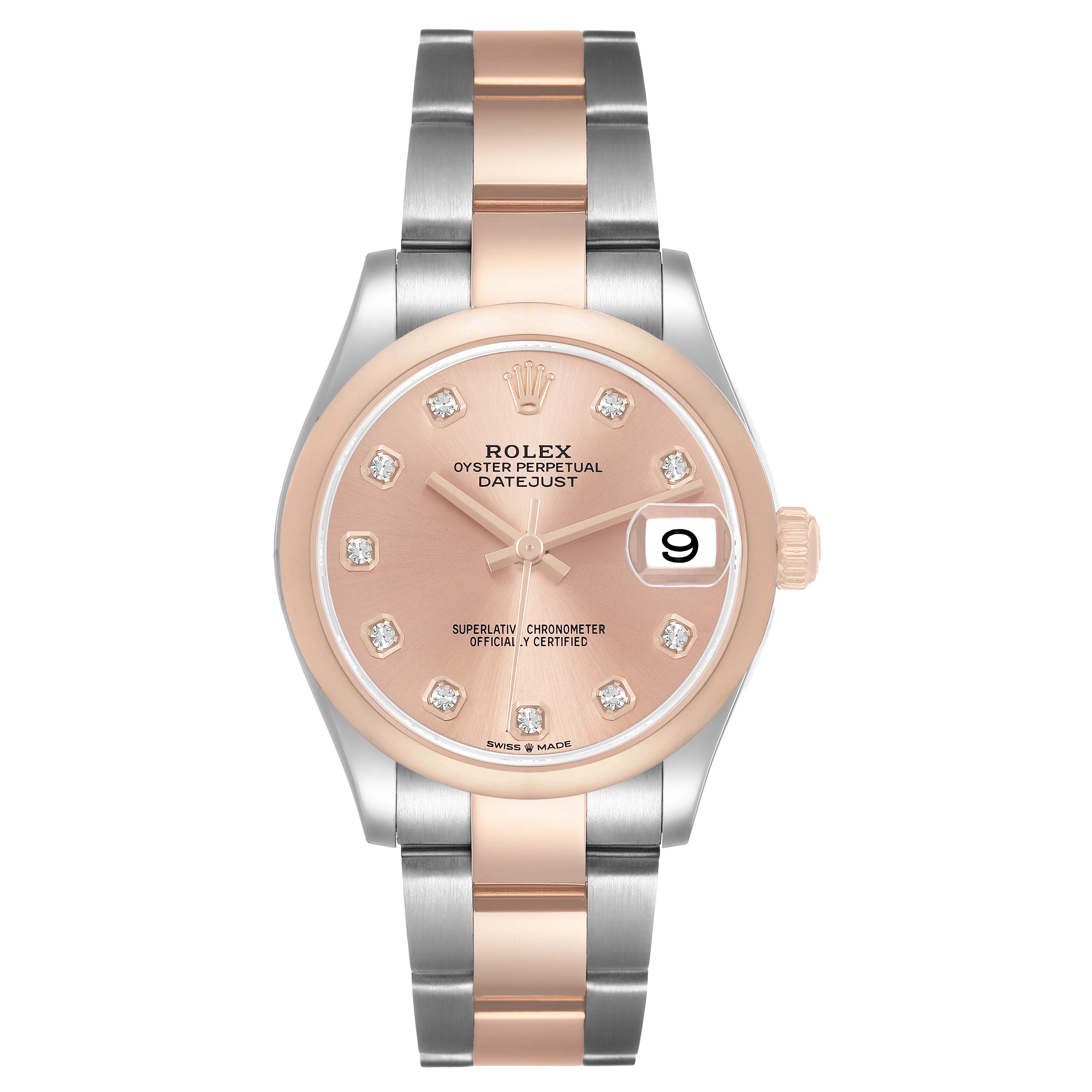 The image shows a Rolex Datejust 278241 Women's Stainless Steel Pink Dial watch from a top view, highlighting its dial, bezel, and bracelet.