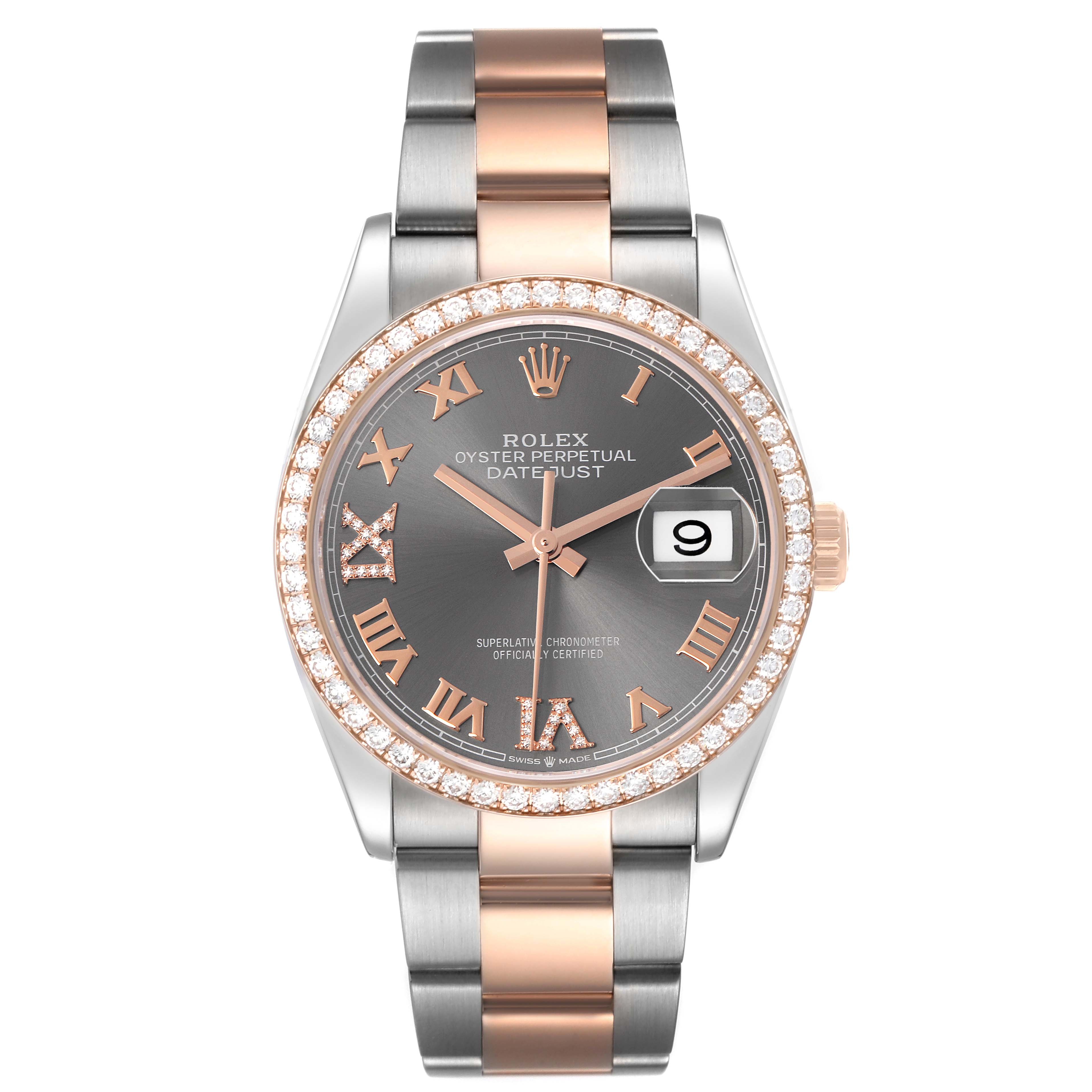 The Rolex Datejust 126281 Men's Steel and Gold (two tone) Grey Dial 126281 Men's Steel and Gold (two tone) Grey Dial watch is shown from a top-down angle, highlighting its face, bezel, crown, and bracelet.