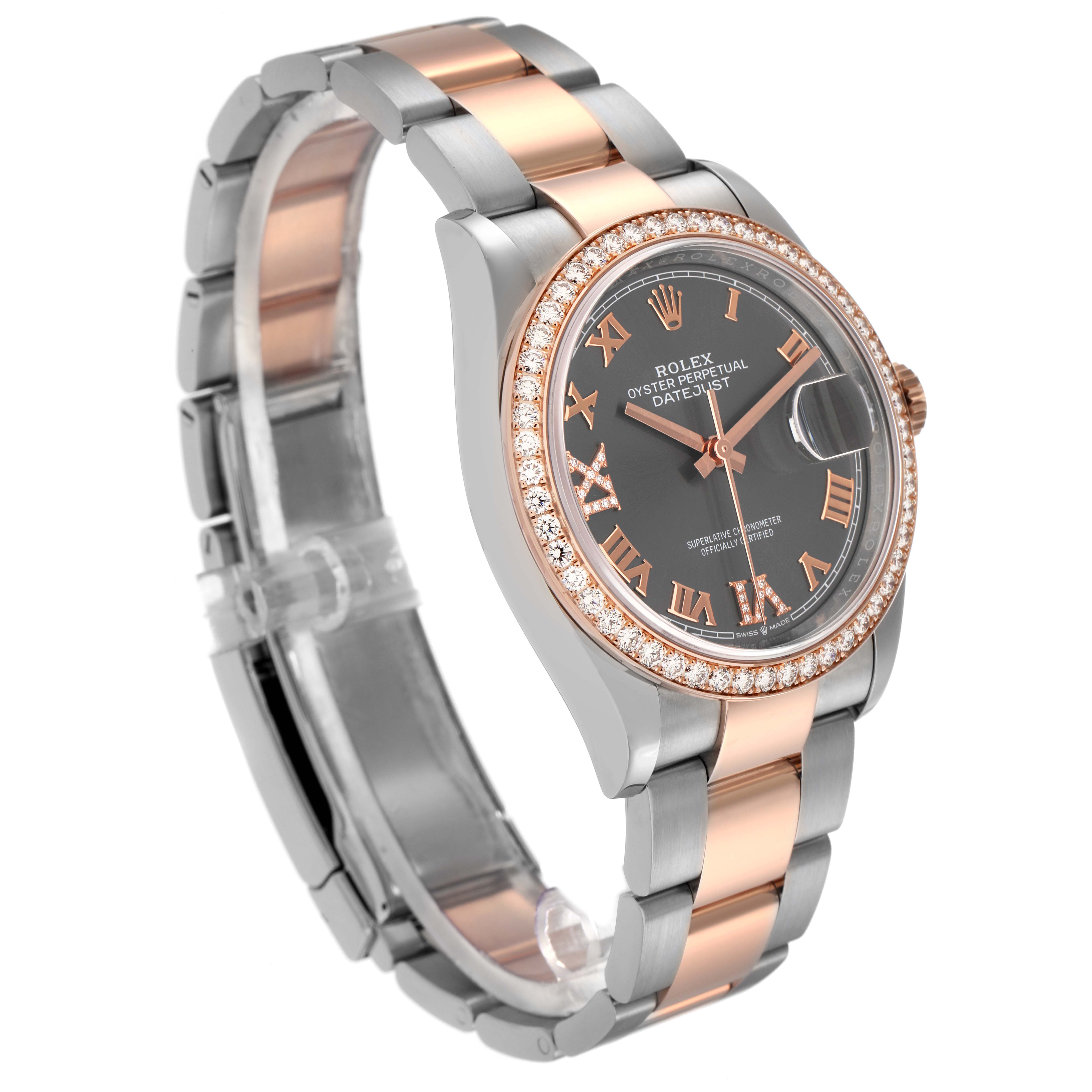 The Rolex Datejust 126281 Men's Steel and Gold (two tone) Grey Dial 126281 Men's Steel and Gold (two tone) Grey Dial watch is shown at a three-quarter angle, highlighting the bezel, dial, and two-tone bracelet.