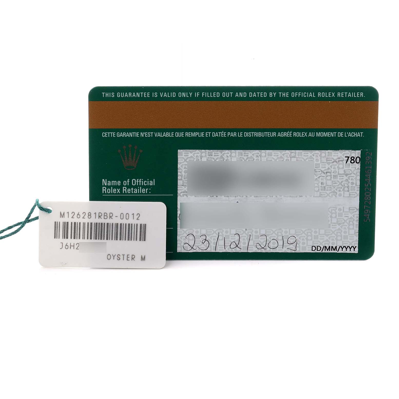 The image shows a Rolex Datejust 126281 Men's Steel and Gold (two tone) Grey Dial 126281 Men's Steel and Gold (two tone) Grey Dial warranty card and a tag with serial information, both viewed from the front.