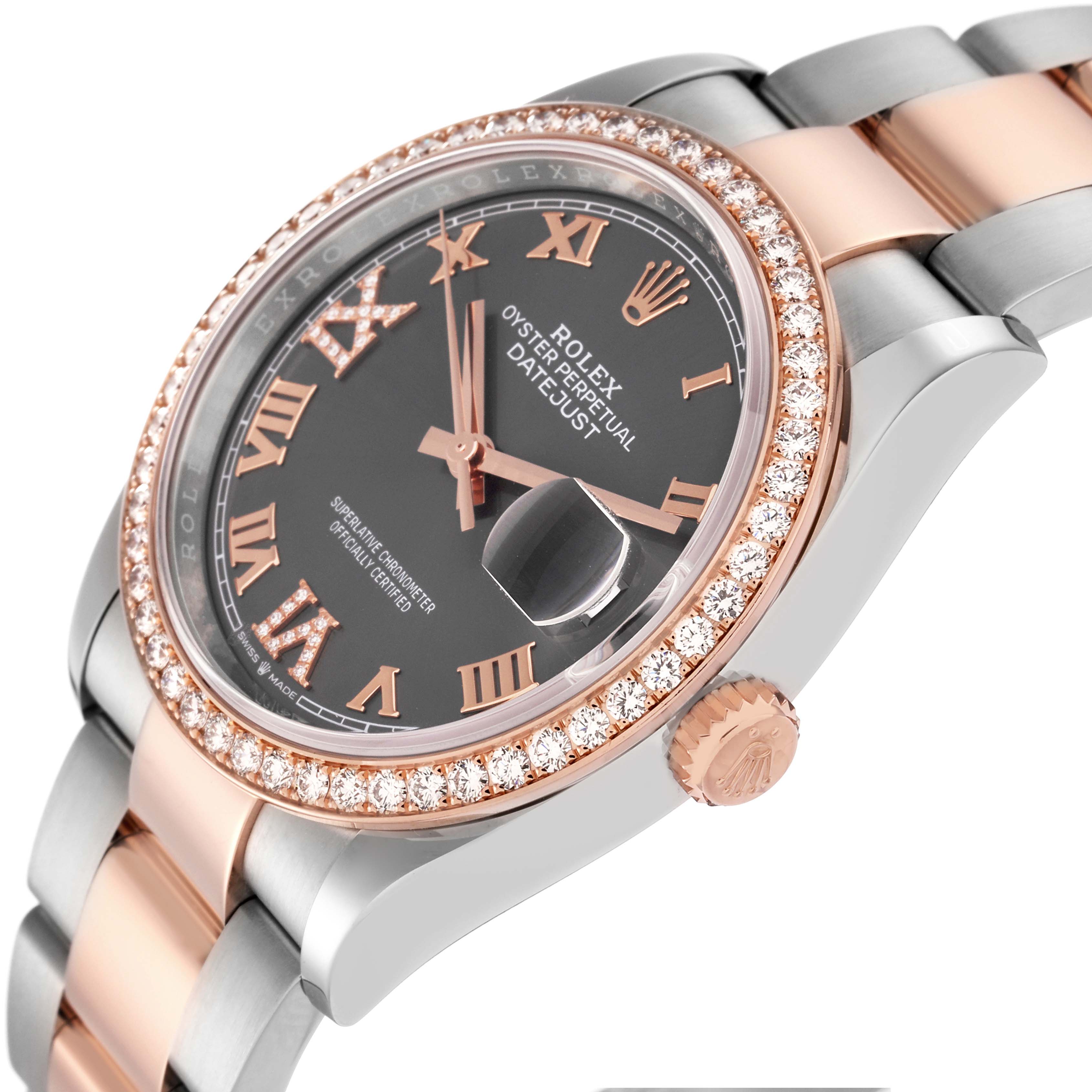The Rolex Datejust 126281 Men's Steel and Gold (two tone) Grey Dial 126281 Men's Steel and Gold (two tone) Grey Dial watch is shown from a side angle highlighting its diamond bezel, rose gold and silver bracelet, and date magnifier.