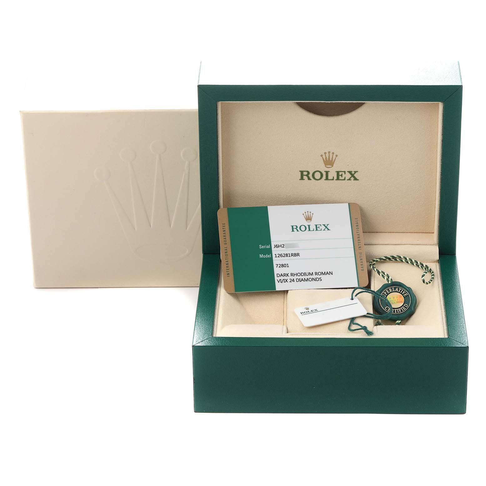 The image shows an open Rolex Datejust 126281 Men's Steel and Gold (two tone) Grey Dial 126281 Men's Steel and Gold (two tone) Grey Dial box with a warranty card and tags, but the watch itself is not visible.