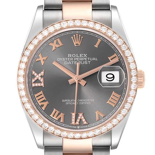 The Rolex Datejust watch is shown from the front, highlighting the diamond bezel, Roman numeral hour markers, and the date display.