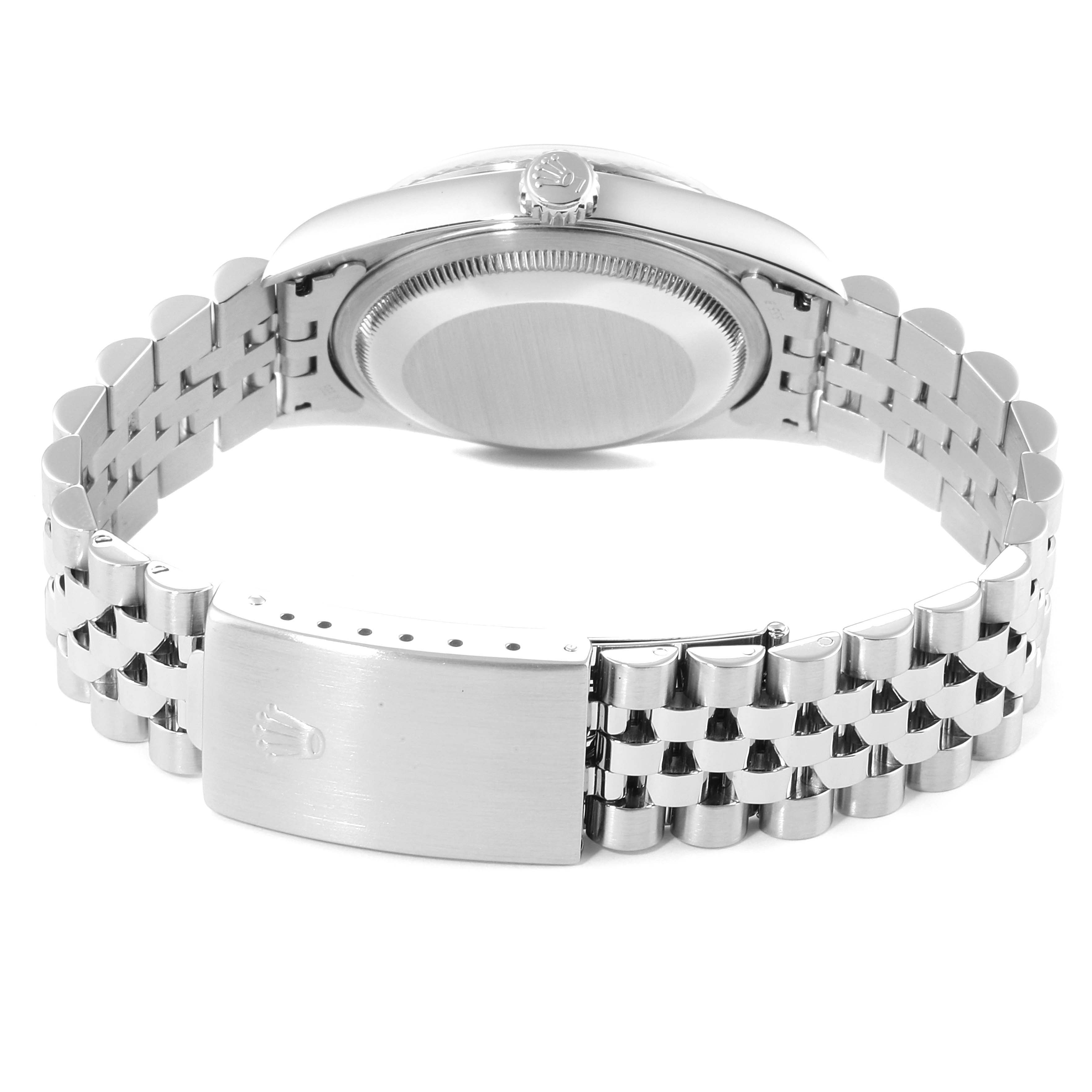 This image shows the side and back angle of a Rolex Datejust 16234 Men's Stainless Steel White Dial 16234 Men's Stainless Steel White Dial watch, highlighting its case back and Jubilee bracelet with the clasp visible.