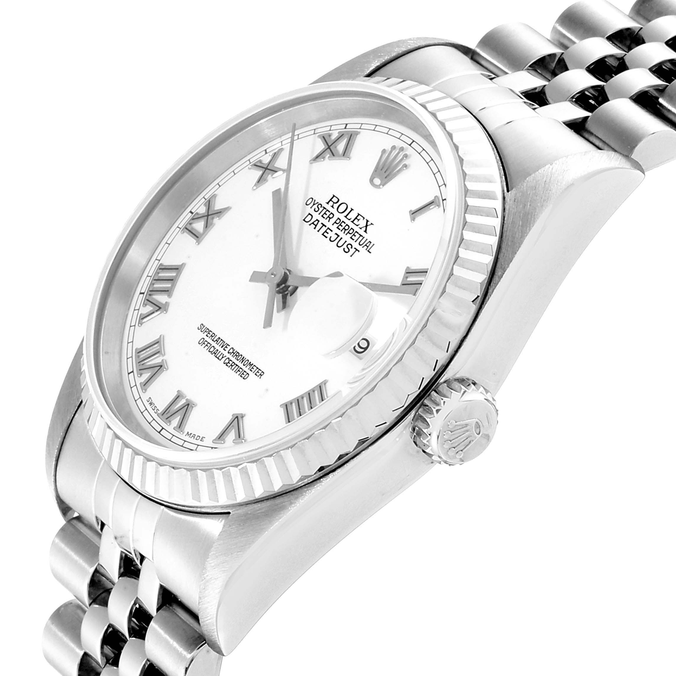 The Rolex Datejust 16234 Men's Stainless Steel White Dial 16234 Men's Stainless Steel White Dial watch is shown at an angled view, highlighting the dial, crown, and part of the bracelet.