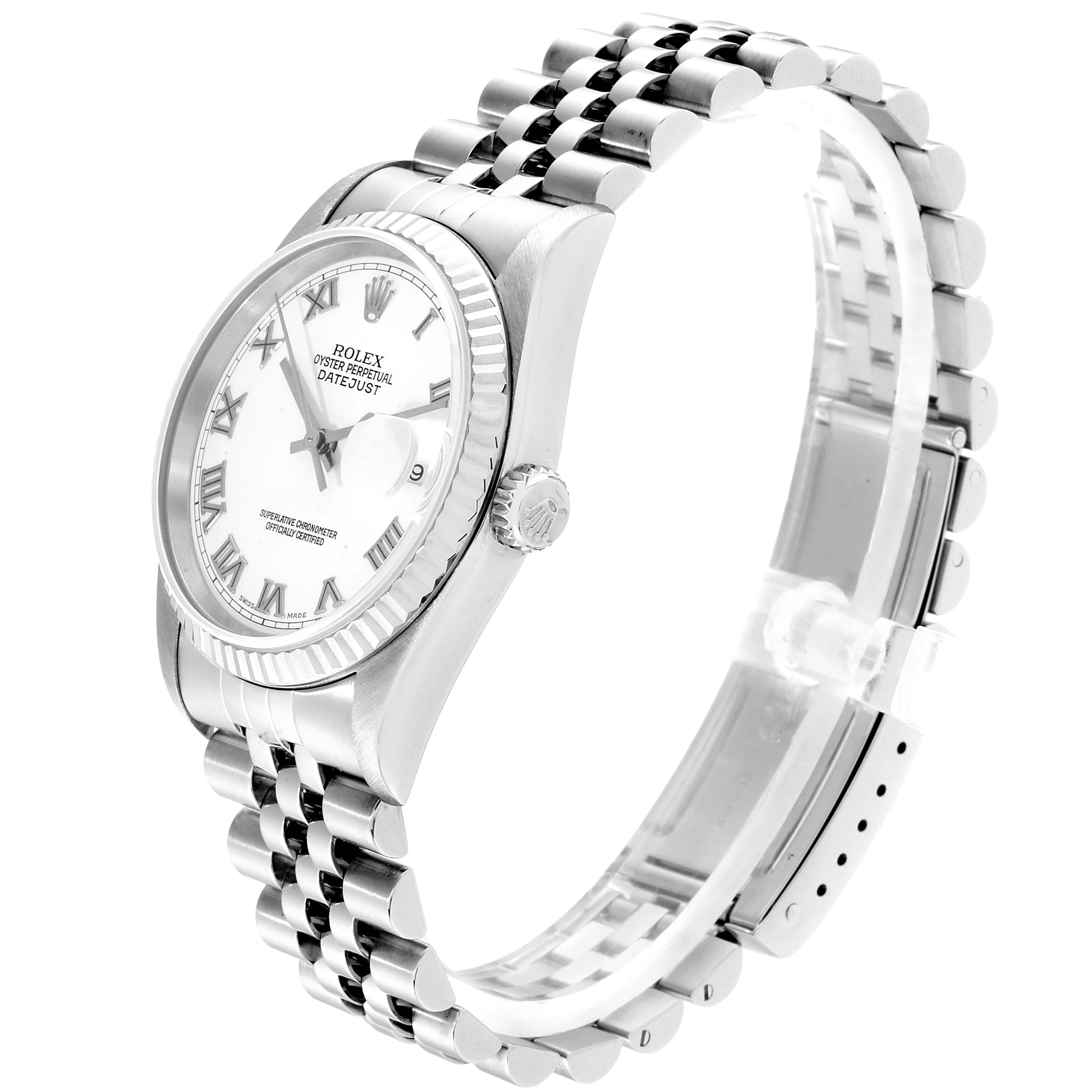 The Rolex Datejust 16234 Men's Stainless Steel White Dial 16234 Men's Stainless Steel White Dial watch is shown at a three-quarter angle, displaying the dial, bezel, crown, and bracelet.