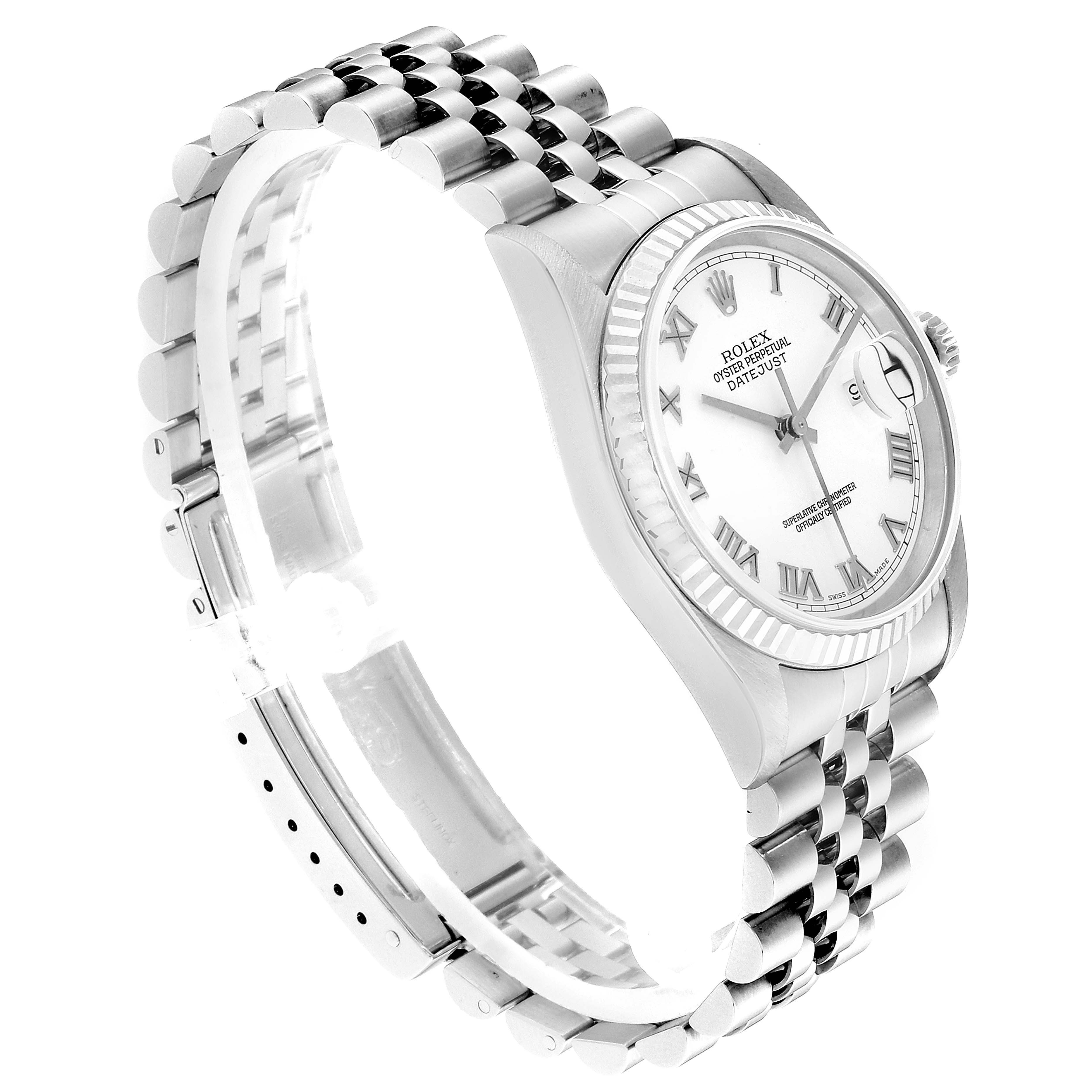 This image showcases the Rolex Datejust 16234 Men's Stainless Steel White Dial 16234 Men's Stainless Steel White Dial watch from a three-quarter angle, highlighting the face, bezel, crown, and bracelet.