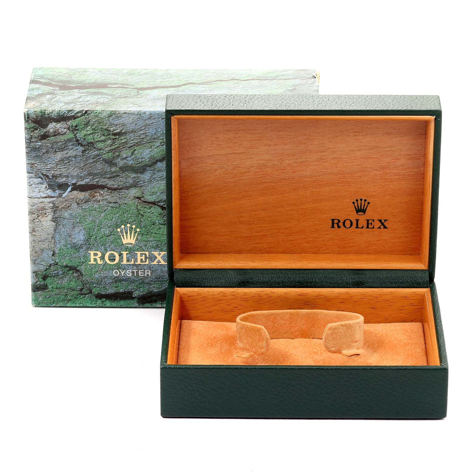 The image shows an empty open box and its packaging for a Rolex Datejust 16234 Men's Stainless Steel White Dial 16234 Men's Stainless Steel White Dial watch, featuring branding on both.