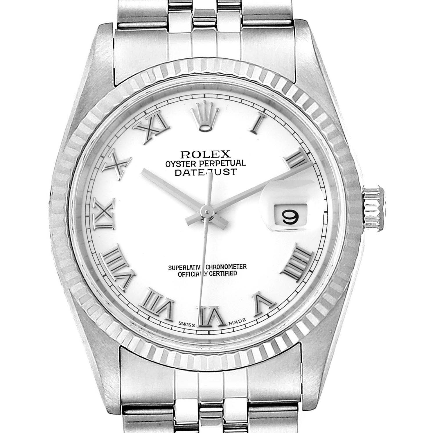 This image shows a front view of the Rolex Datejust 16234 Men's Stainless Steel White Dial 16234 Men's Stainless Steel White Dial watch, highlighting its face, bezel, crown, and bracelet.