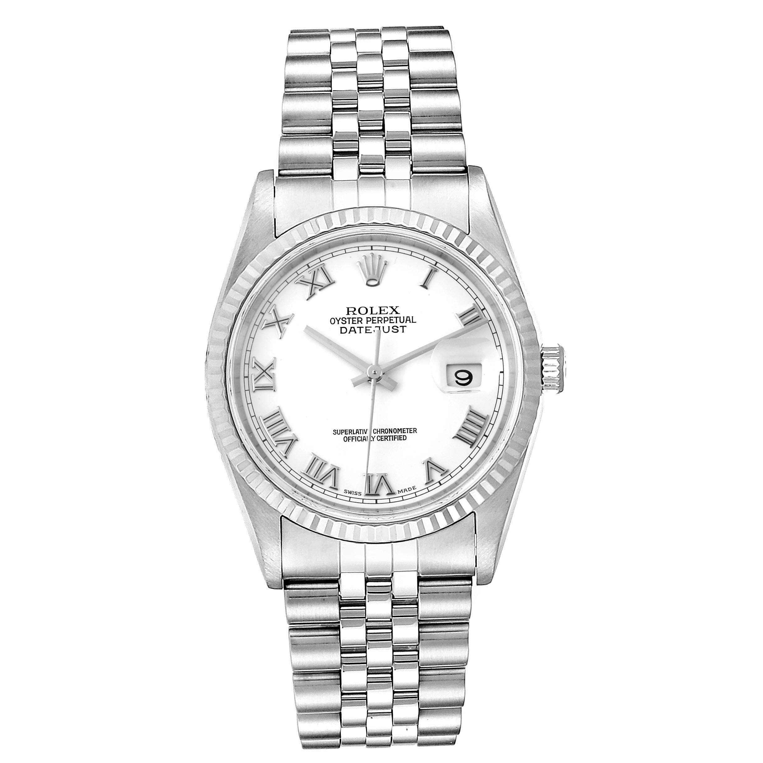 This image shows a front view of a Rolex Datejust 16234 Men's Stainless Steel White Dial 16234 Men's Stainless Steel White Dial watch, featuring its face, bezel, and bracelet.