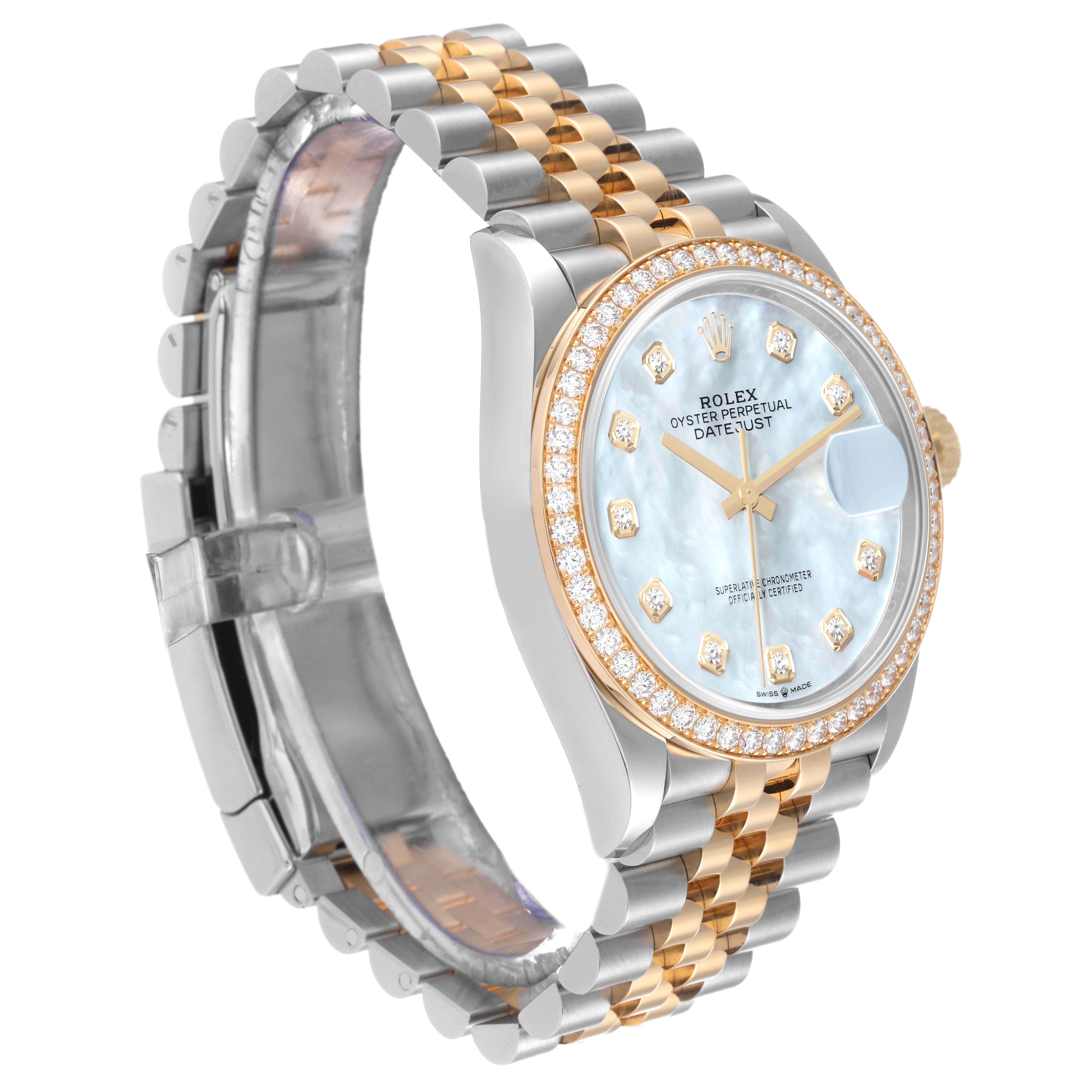 This image shows a side-angle view of a Rolex Datejust 126283 Men's Steel and Gold (two tone) Mother of Pearl Dial 126283 Men's Steel and Gold (two tone) Mother of Pearl Dial watch, highlighting its bezel, dial, and two-tone bracelet.