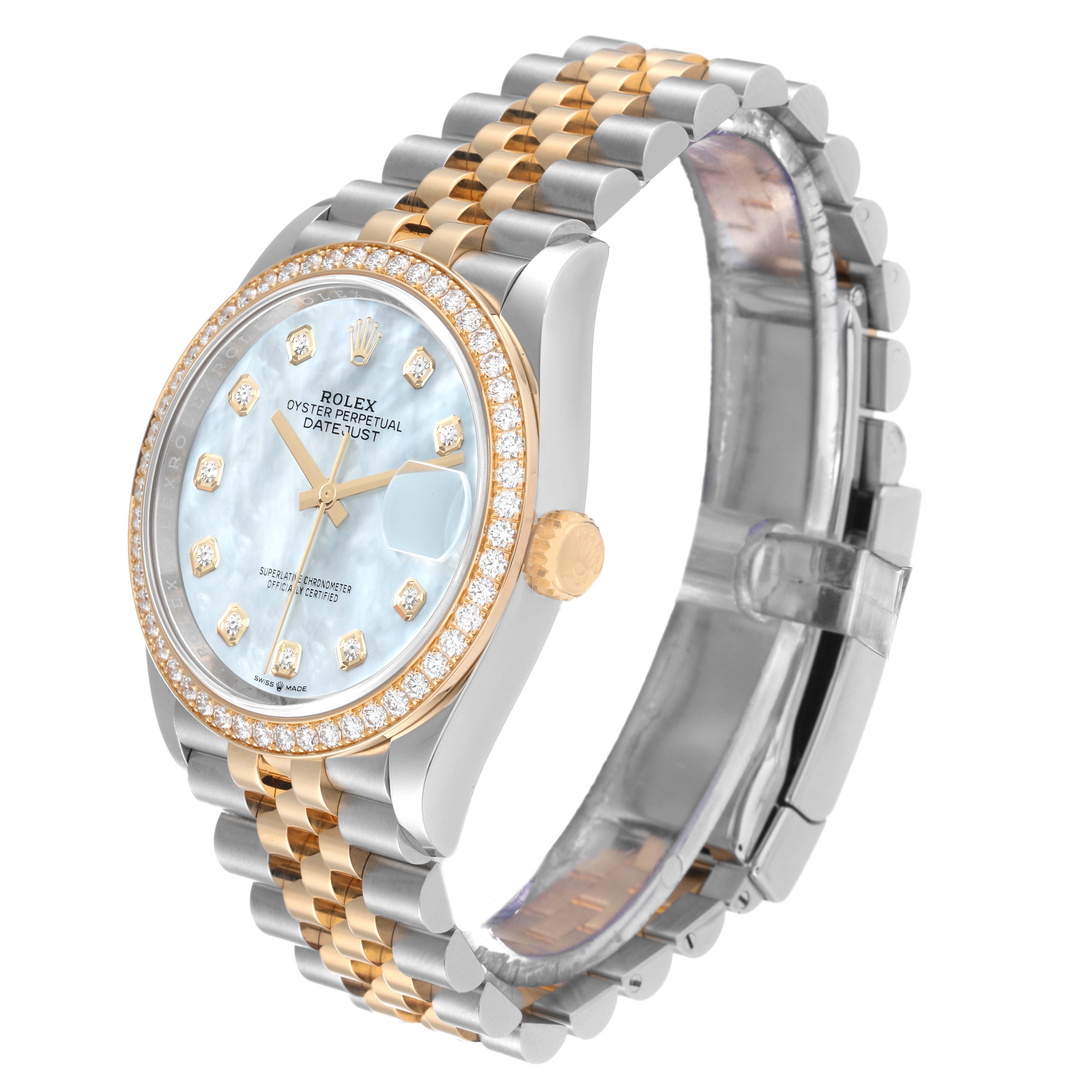 The image shows a Rolex Datejust 126283 Men's Steel and Gold (two tone) Mother of Pearl Dial 126283 Men's Steel and Gold (two tone) Mother of Pearl Dial watch at a slight angle, highlighting its dial, bezel, case, crown, and bracelet.