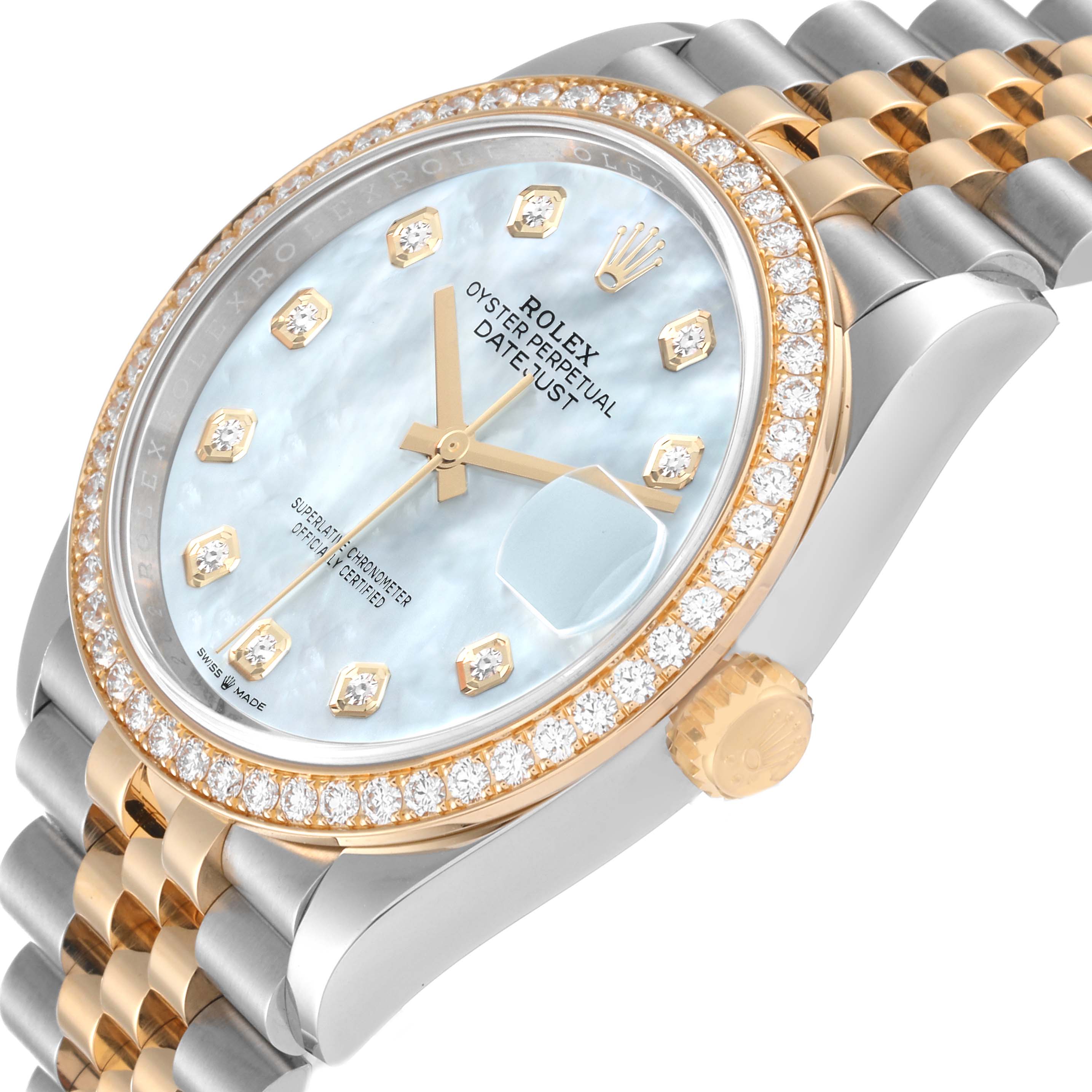 The image shows a close-up side view of a Rolex Datejust 126283 Men's Steel and Gold (two tone) Mother of Pearl Dial 126283 Men's Steel and Gold (two tone) Mother of Pearl Dial watch, highlighting its diamond-encrusted bezel, dial, and bracelet.