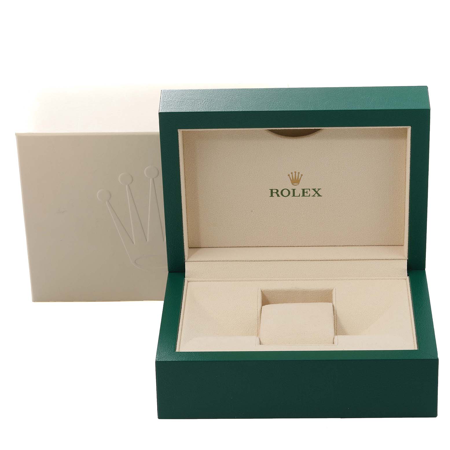 This image shows an open presentation box for a Rolex Datejust 126283 Men's Steel and Gold (two tone) Mother of Pearl Dial 126283 Men's Steel and Gold (two tone) Mother of Pearl Dial watch, featuring the brand's logo inside.