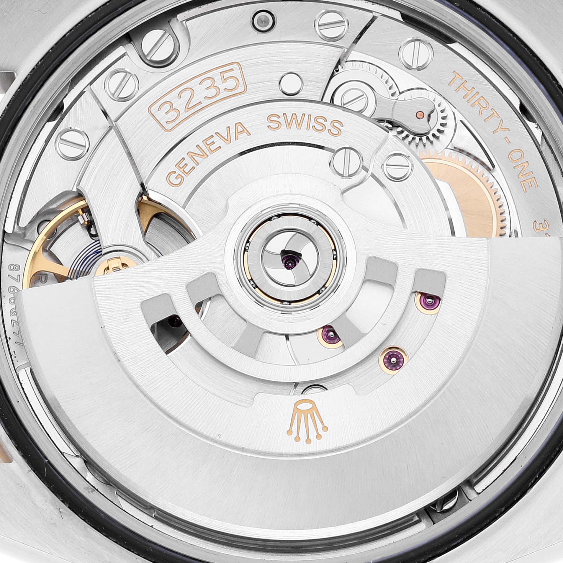 This image shows a close-up view of the Rolex Datejust 126283 Men's Steel and Gold (two tone) Mother of Pearl Dial 126283 Men's Steel and Gold (two tone) Mother of Pearl Dial's movement mechanism, featuring the 3235 caliber.