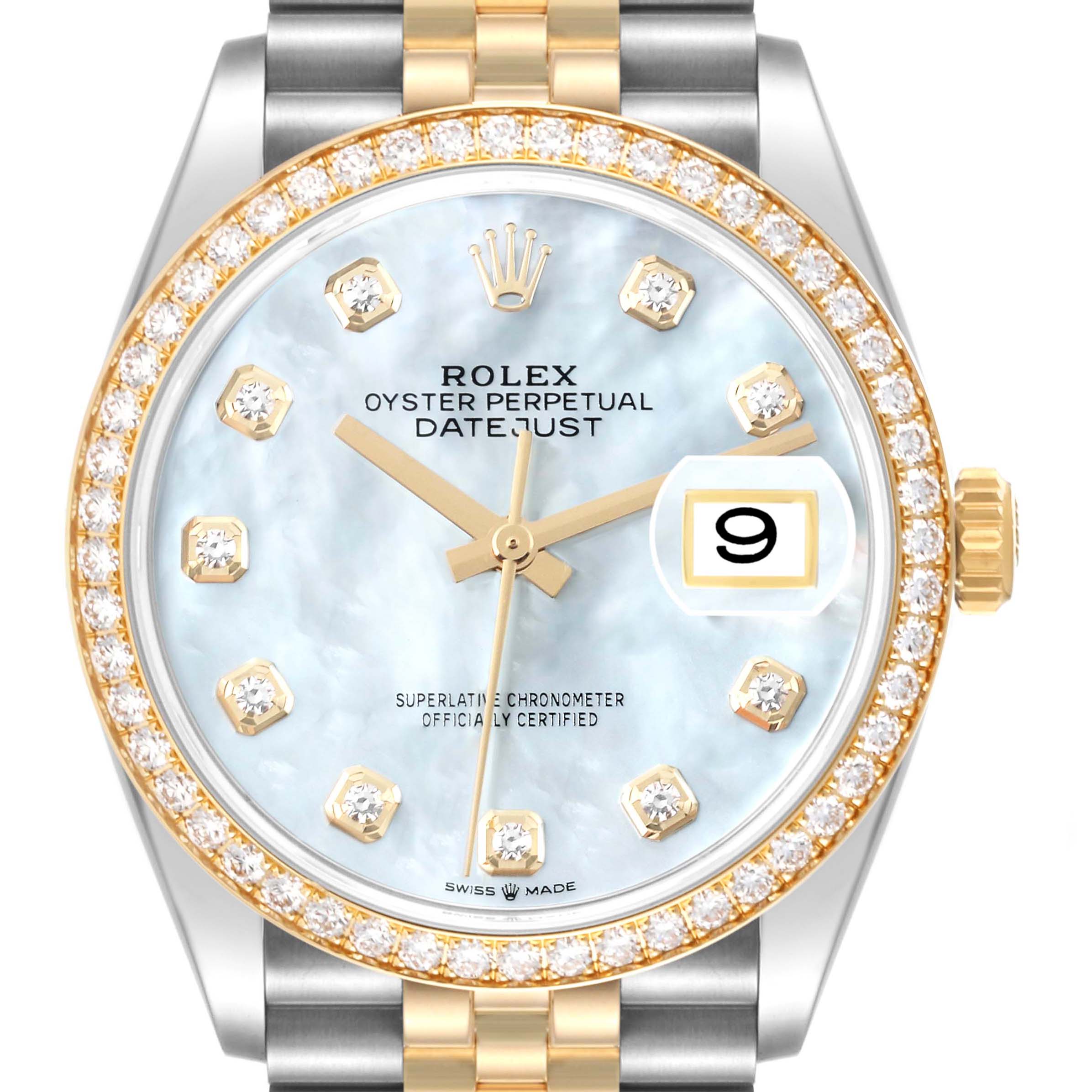 This image shows a frontal view of a Rolex Datejust 126283 Men's Steel and Gold (two tone) Mother of Pearl Dial 126283 Men's Steel and Gold (two tone) Mother of Pearl Dial watch, highlighting its dial, bezel, and part of the bracelet.