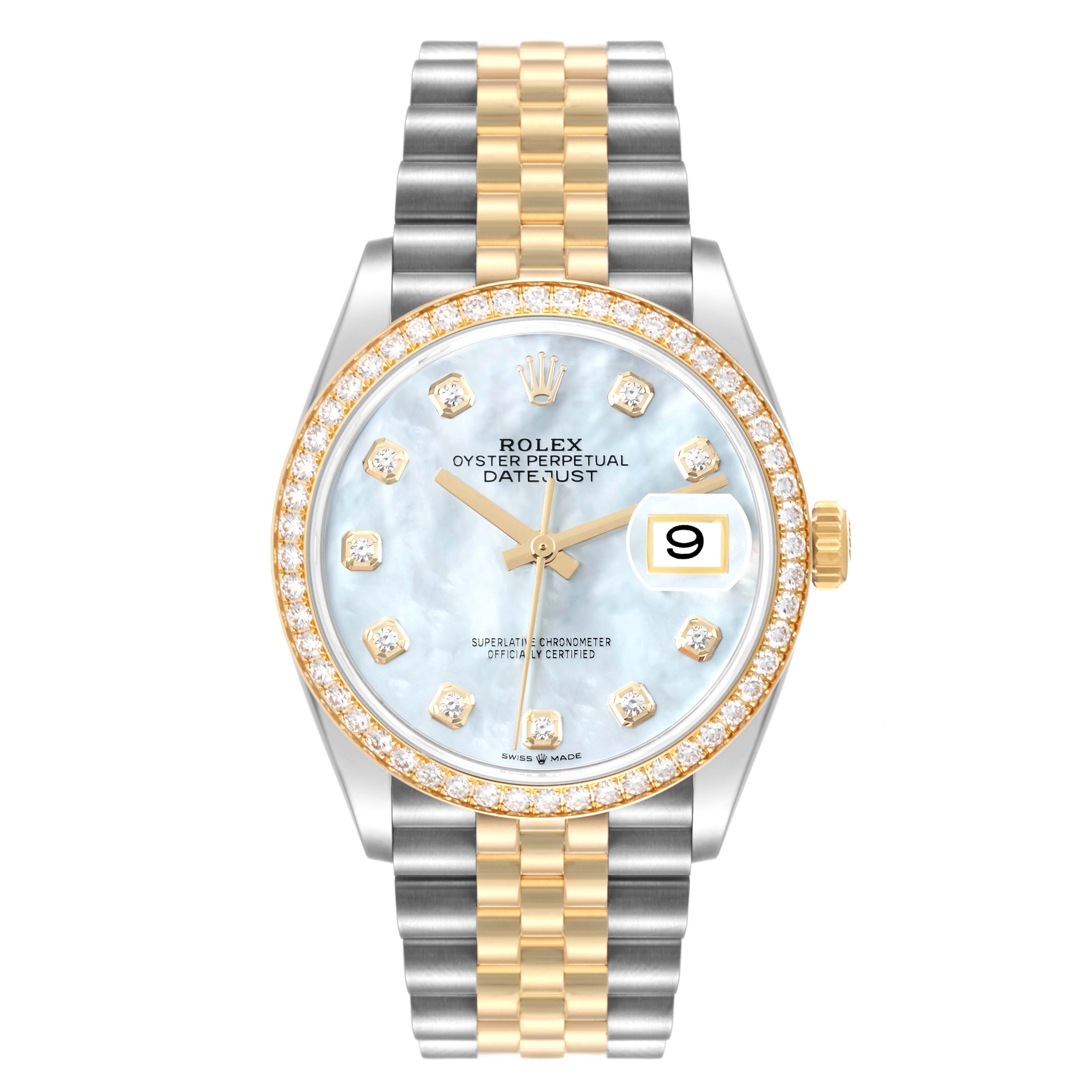 The Rolex Datejust 126283 Men's Steel and Gold (two tone) Mother of Pearl Dial 126283 Men's Steel and Gold (two tone) Mother of Pearl Dial watch shown is seen from a front angle, highlighting its face, bezel, crown, and two-tone bracelet.