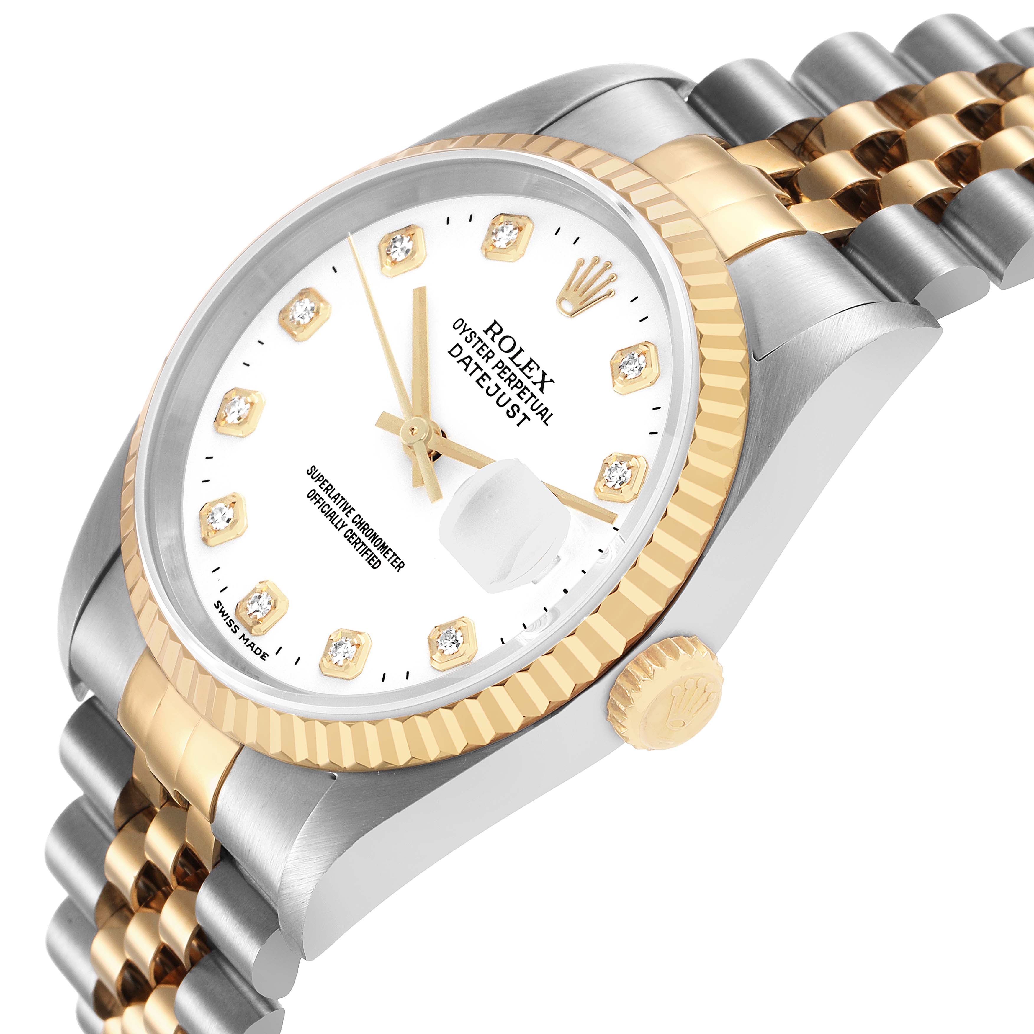 The Rolex Datejust 16233 Men's Steel and Gold (two tone) White Dial watch is shown at a slight angle, revealing the dial, bezel, crown, and part of the bracelet.