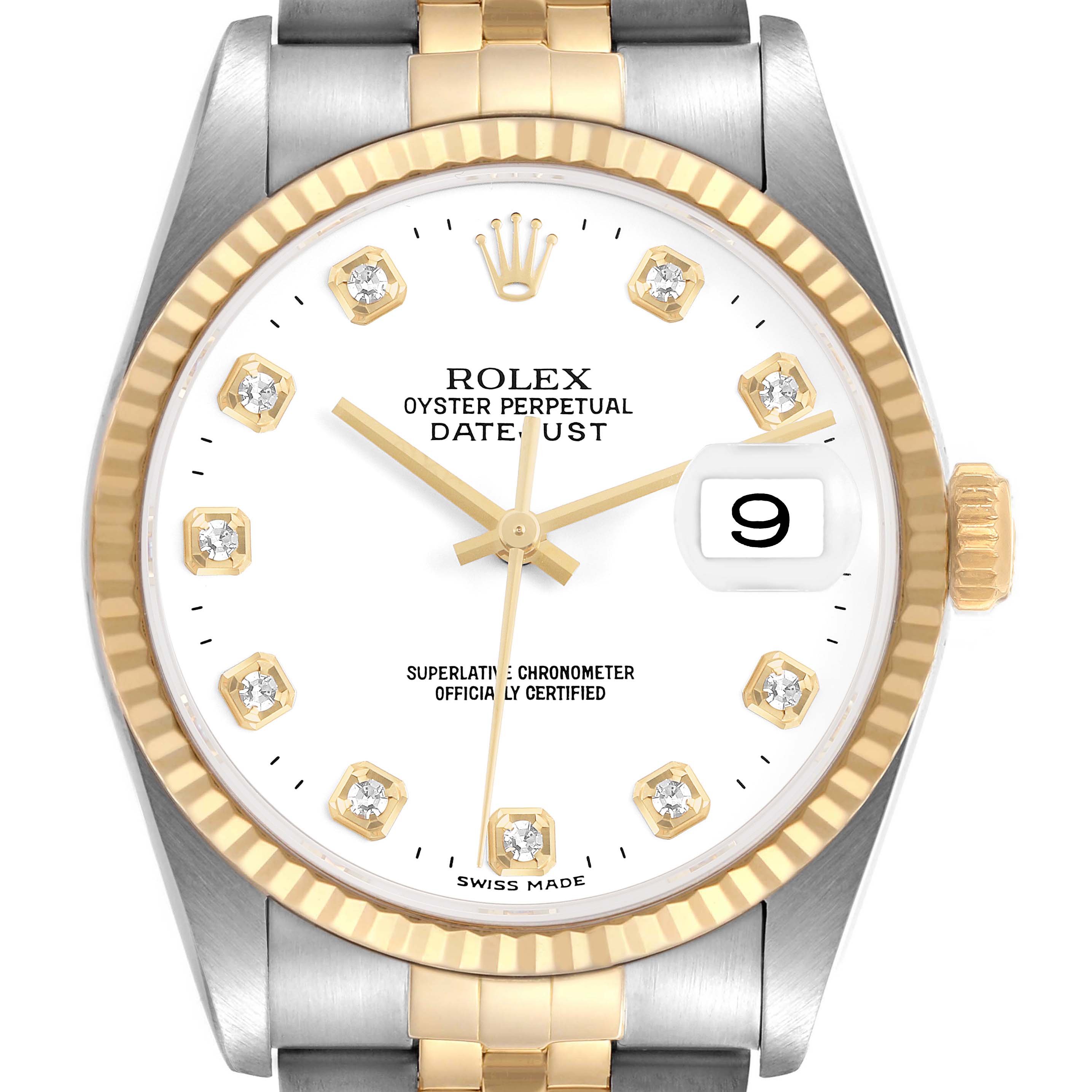 The Rolex Datejust 16233 Men's Steel and Gold (two tone) White Dial watch is shown from a front angle, highlighting the dial, bezel, and part of the bracelet.