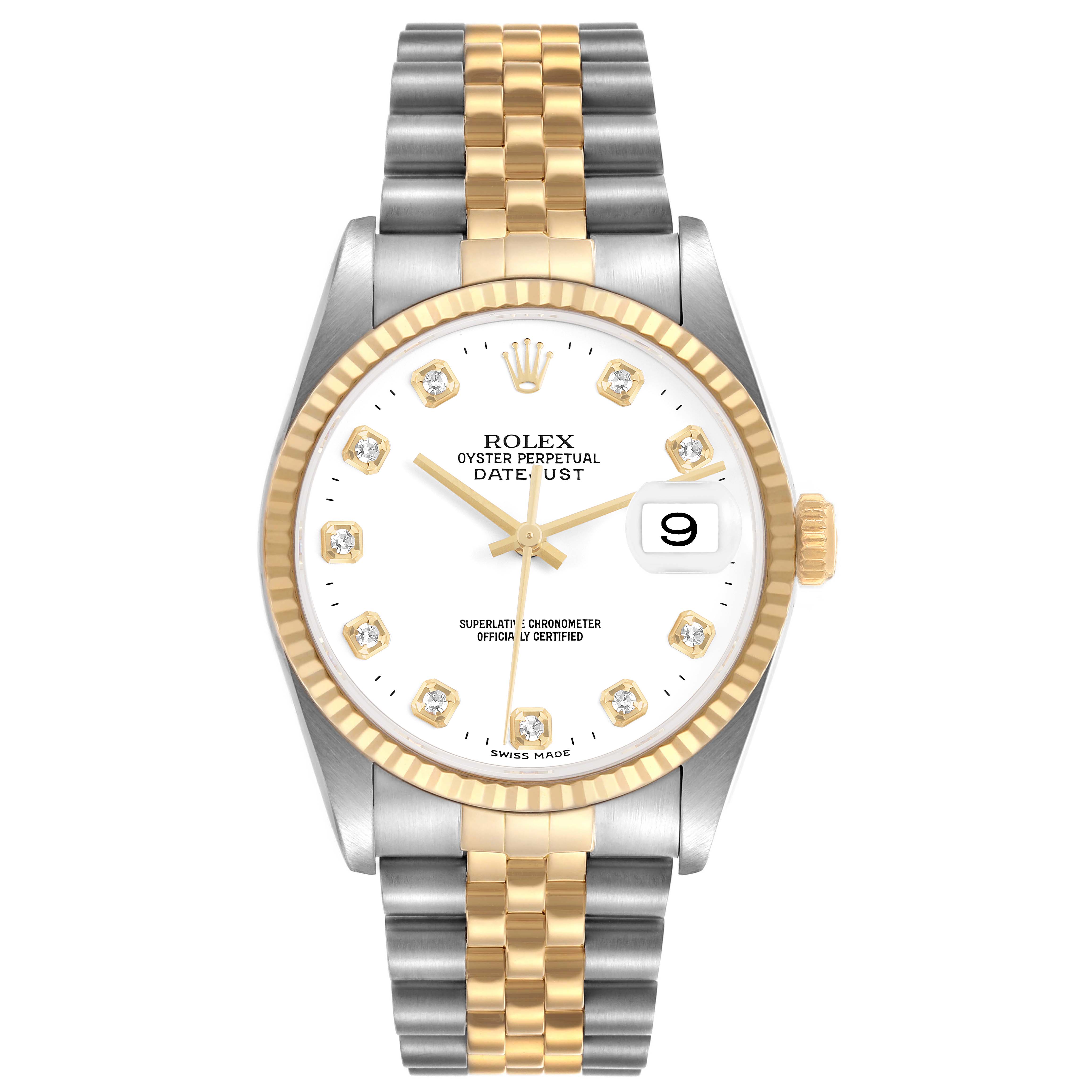 The Rolex Datejust 16233 Men's Steel and Gold (two tone) White Dial watch is shown from a top view, displaying the face, fluted bezel, and two-tone bracelet.