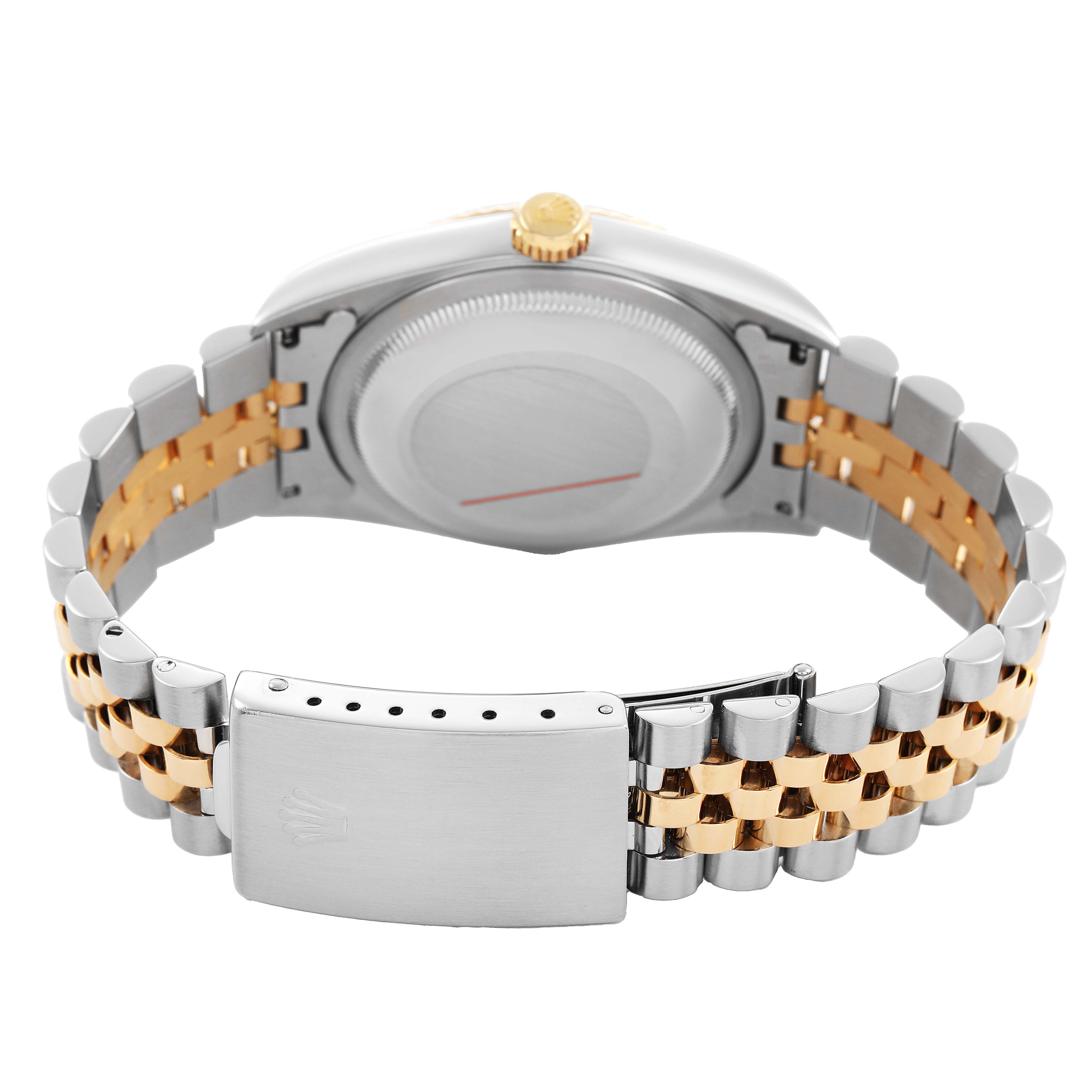 The image shows the back view of a Rolex Datejust 16233 Men's Steel and Gold (two tone) White Dial watch, focusing on its clasp, case back, and two-tone bracelet.