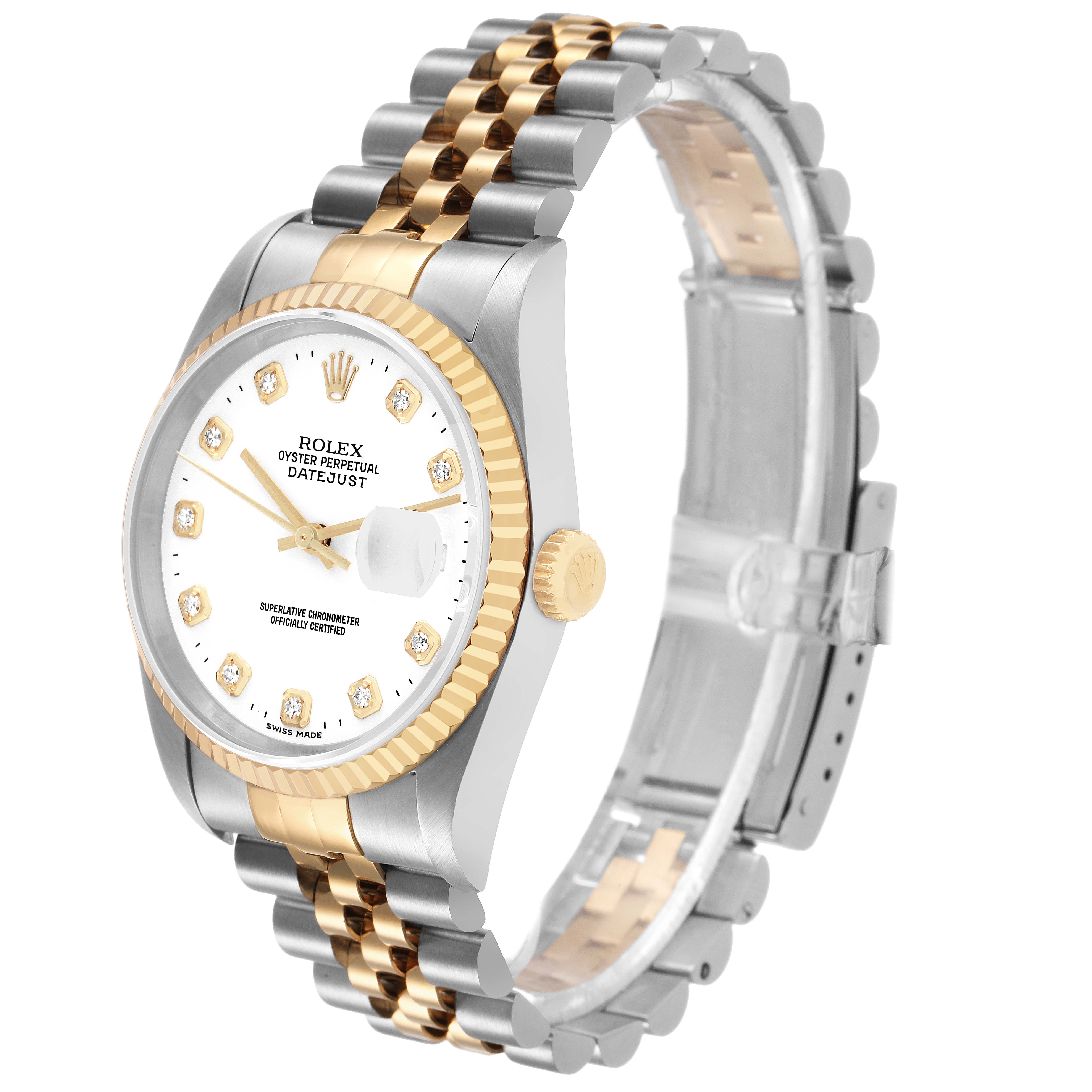 The Rolex Datejust 16233 Men's Steel and Gold (two tone) White Dial watch is shown from a side angle, highlighting the bezel, dial, crown, and bracelet.