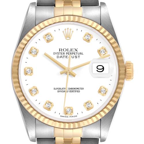 The Rolex Datejust 16233 Men's Steel and Gold (two tone) White Dial watch is shown from a frontal angle, displaying the dial, bezel, and bracelet.