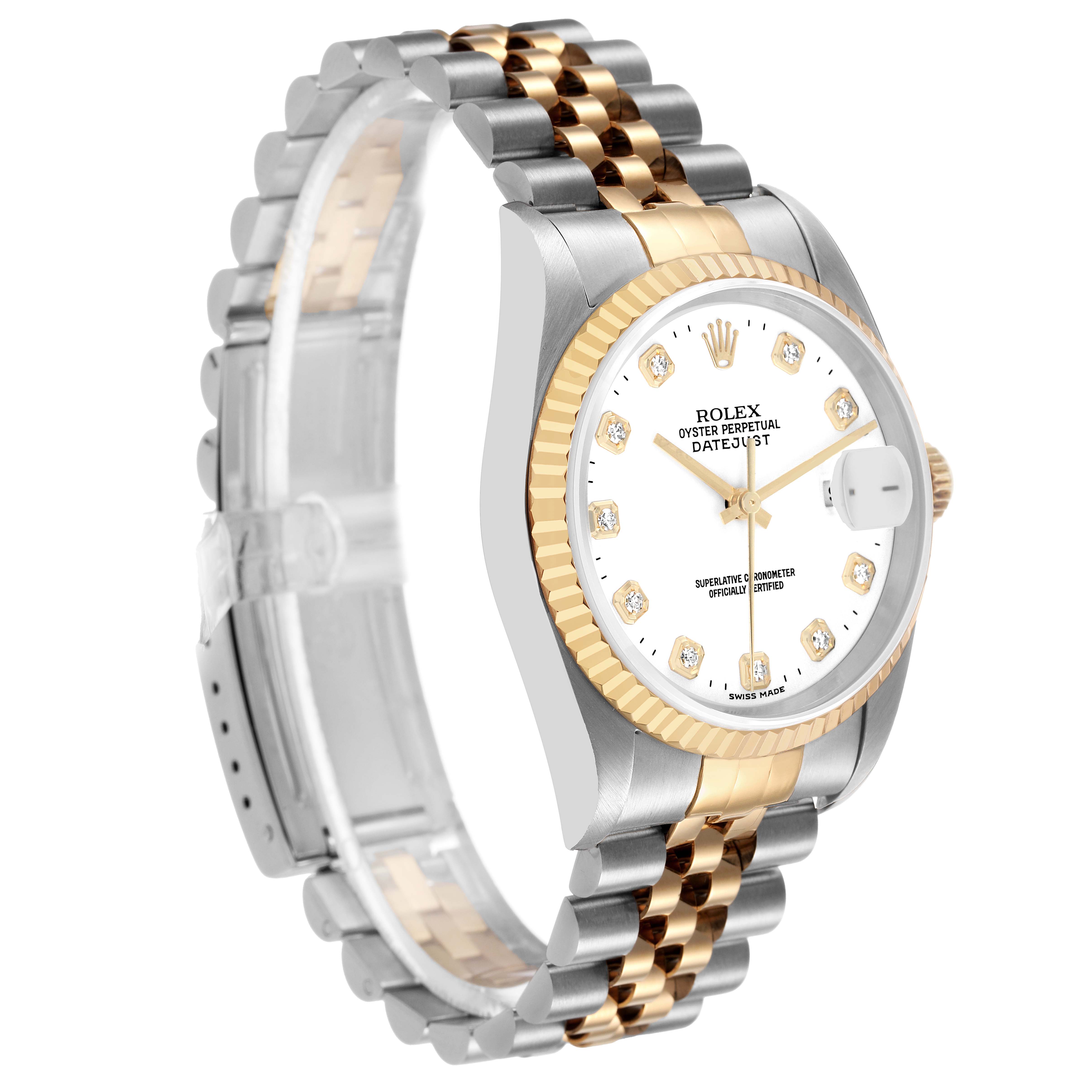 The Rolex Datejust 16233 Men's Steel and Gold (two tone) White Dial watch is shown at an angled view, displaying the bezel, dial, and two-tone bracelet.