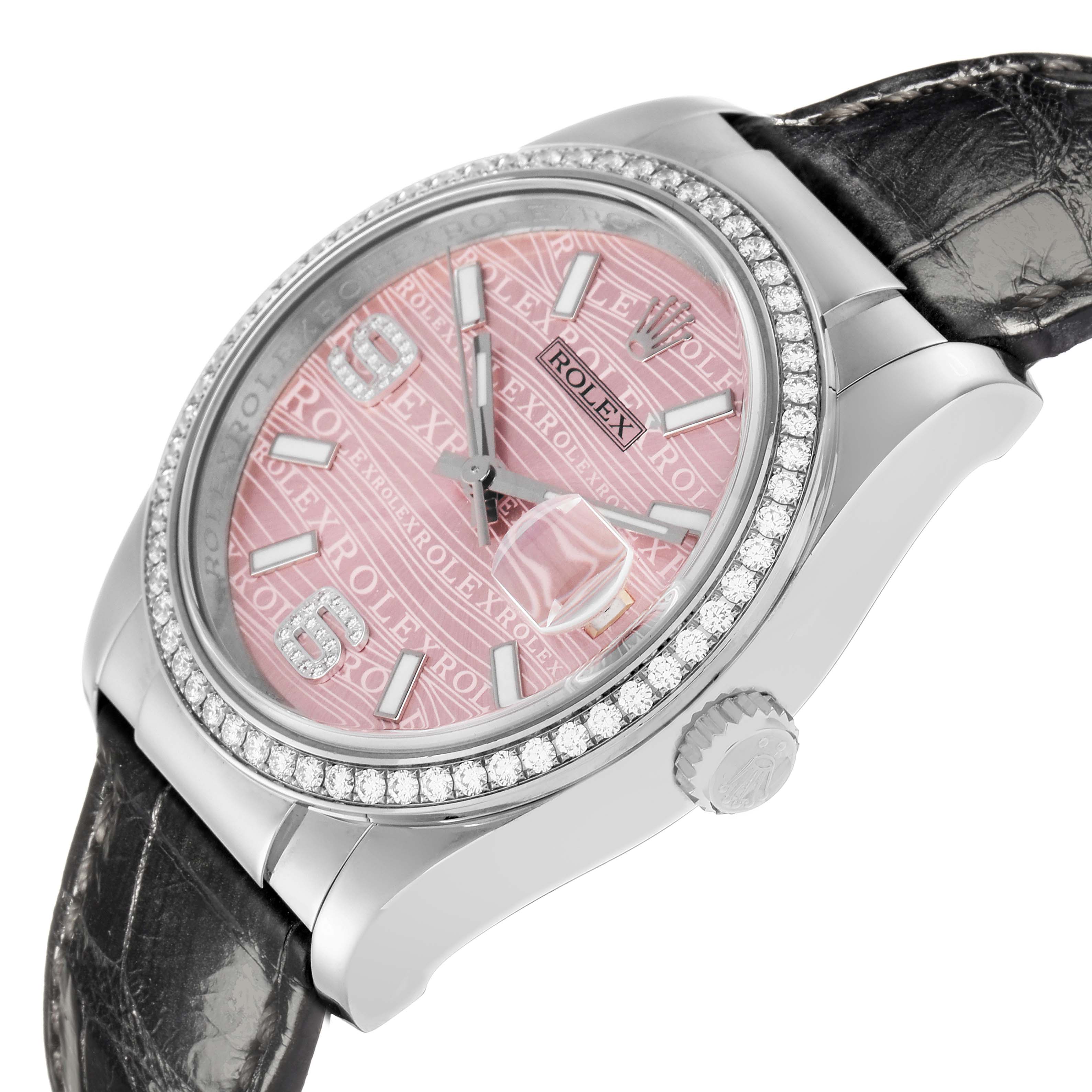 The Rolex Datejust 116189 Men
s White Gold Pink Dial 116189 Men
s White Gold Pink Dial watch is shown at a slight angle, highlighting the bezel, pink patterned dial, and crown, with a leather strap.