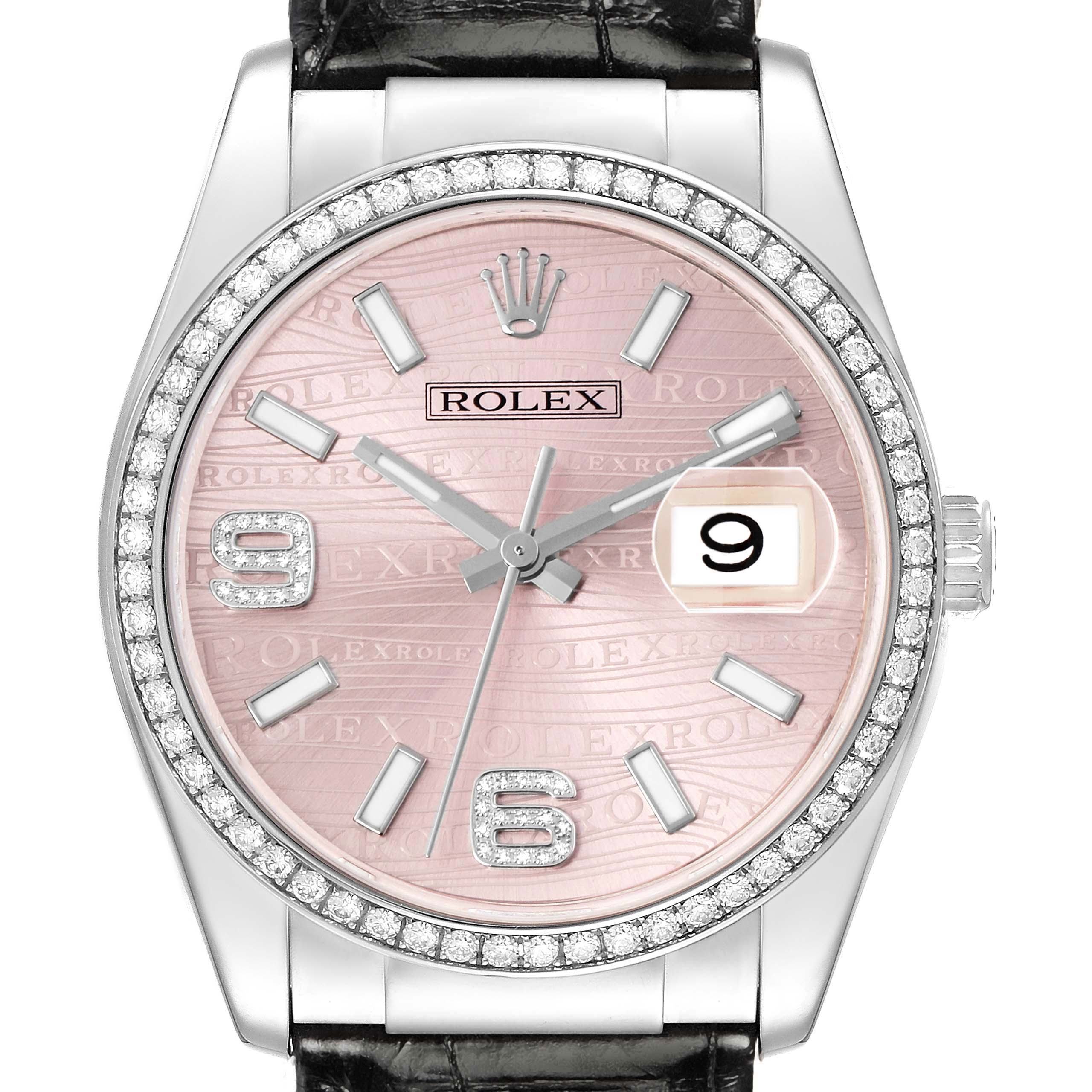 The Rolex Datejust 116189 Men's White Gold Pink Dial watch is shown from a front angle, highlighting the bezel, dial, markers, and crown.