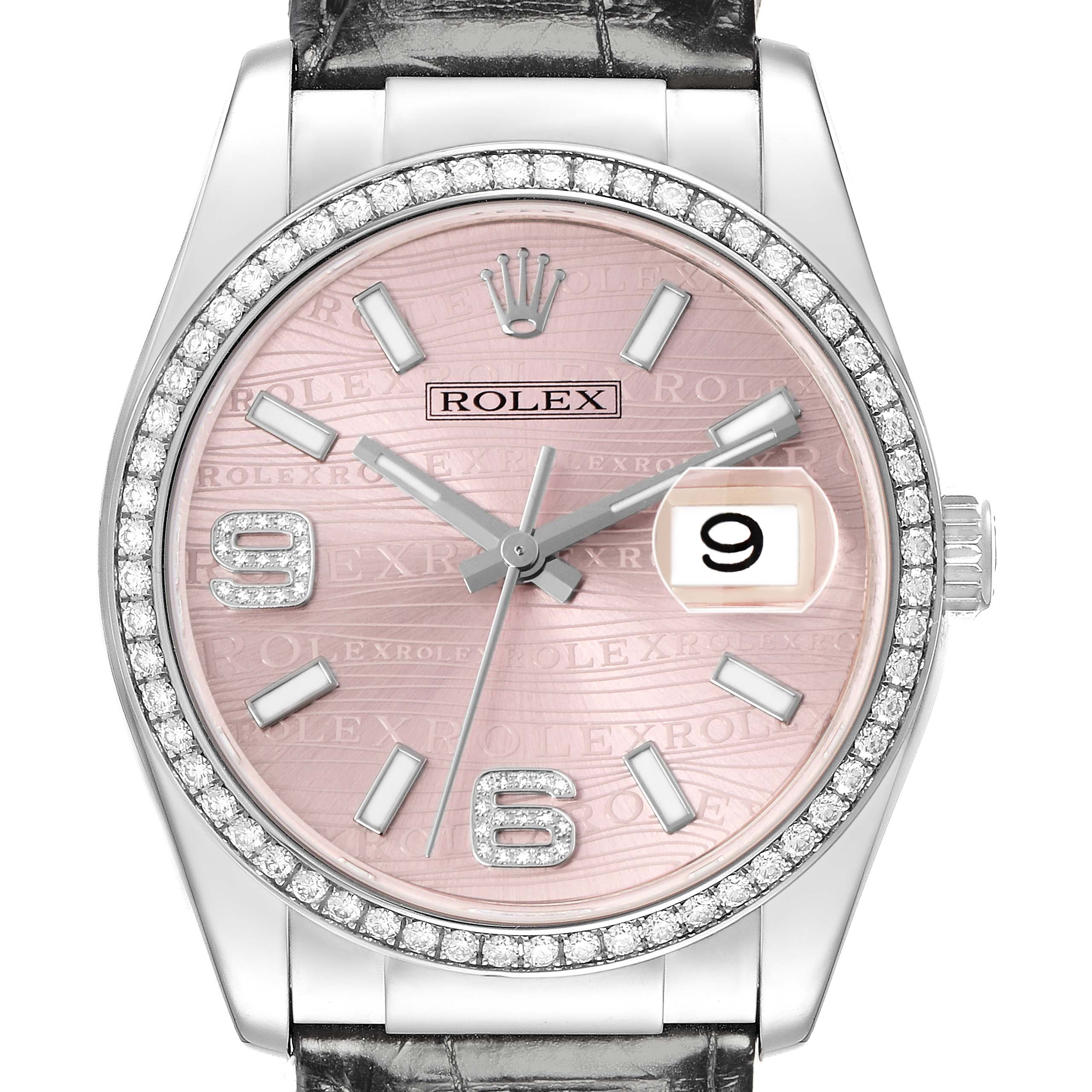 The Rolex Datejust 116189 Men
s White Gold Pink Dial 116189 Men
s White Gold Pink Dial watch is shown from the front, displaying the dial, bezel, crown, and part of the strap.
