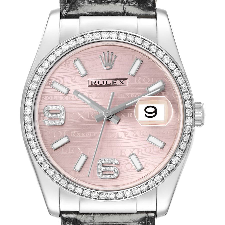 The Rolex Datejust watch is shown from the front, displaying the dial, bezel, crown, and part of the strap.