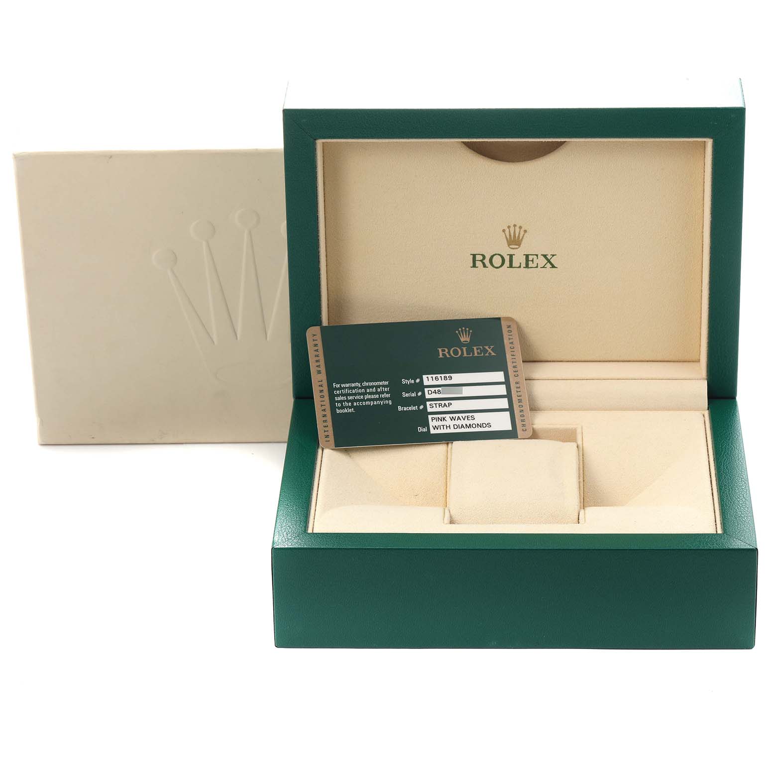 The image shows an open Rolex Datejust 116189 Men
s White Gold Pink Dial 116189 Men
s White Gold Pink Dial box with a warranty card and a cushion for the watch.