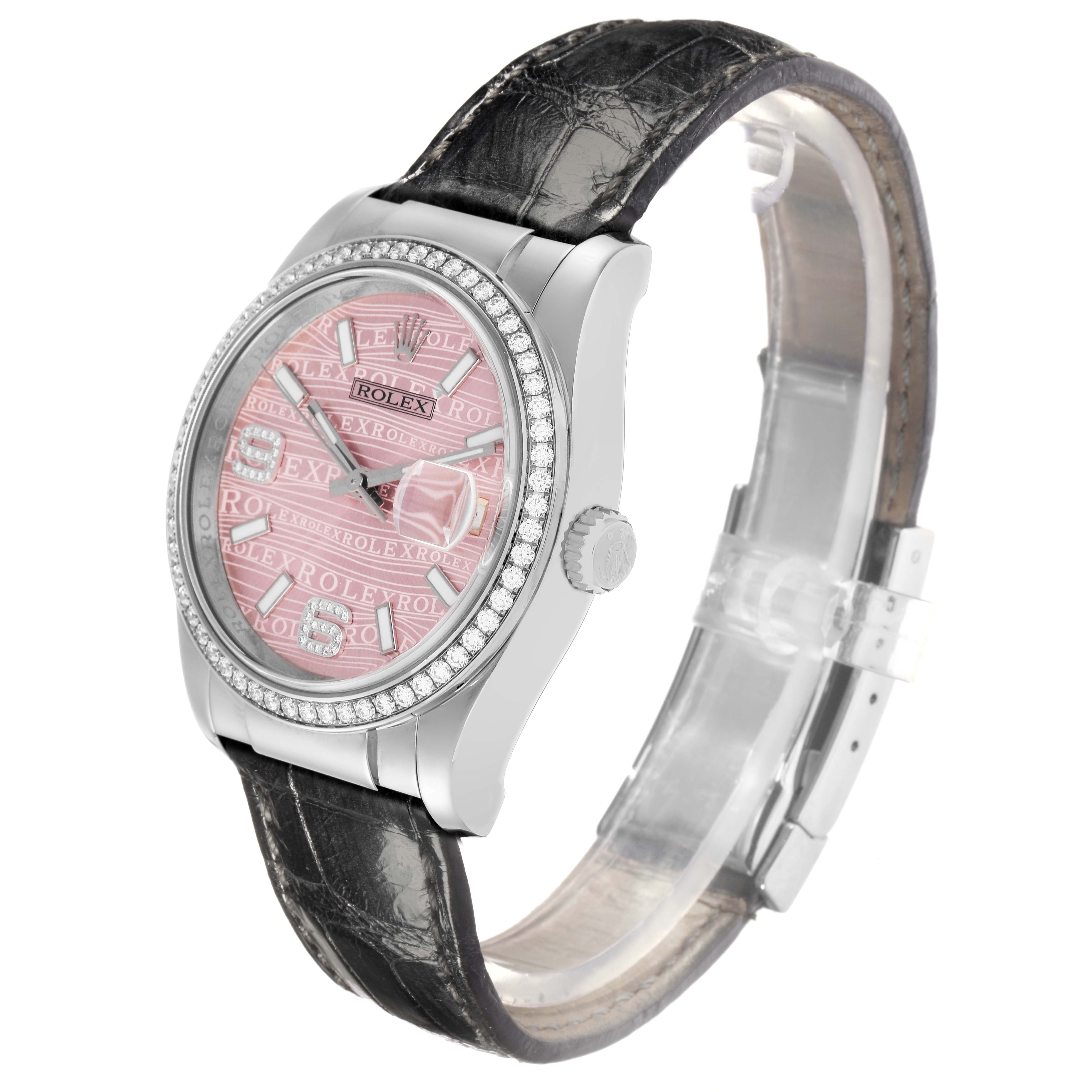 The Rolex Datejust 116189 Men
s White Gold Pink Dial 116189 Men
s White Gold Pink Dial watch is shown at an angle highlighting the bezel, crown, and pink dial with the strap.