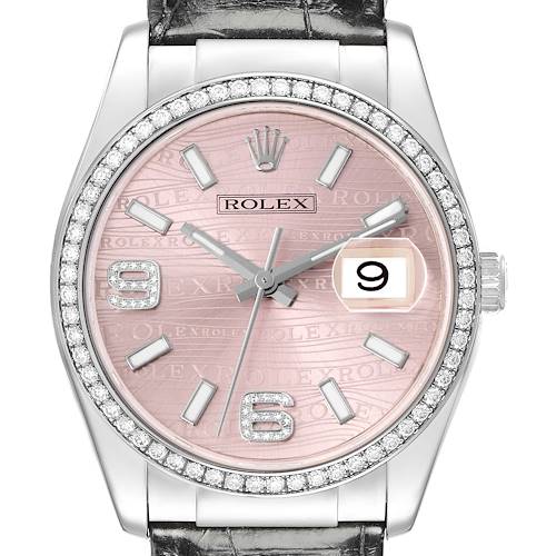 The Rolex Datejust watch is shown from the front, highlighting the pink dial, diamond bezel, and date window.