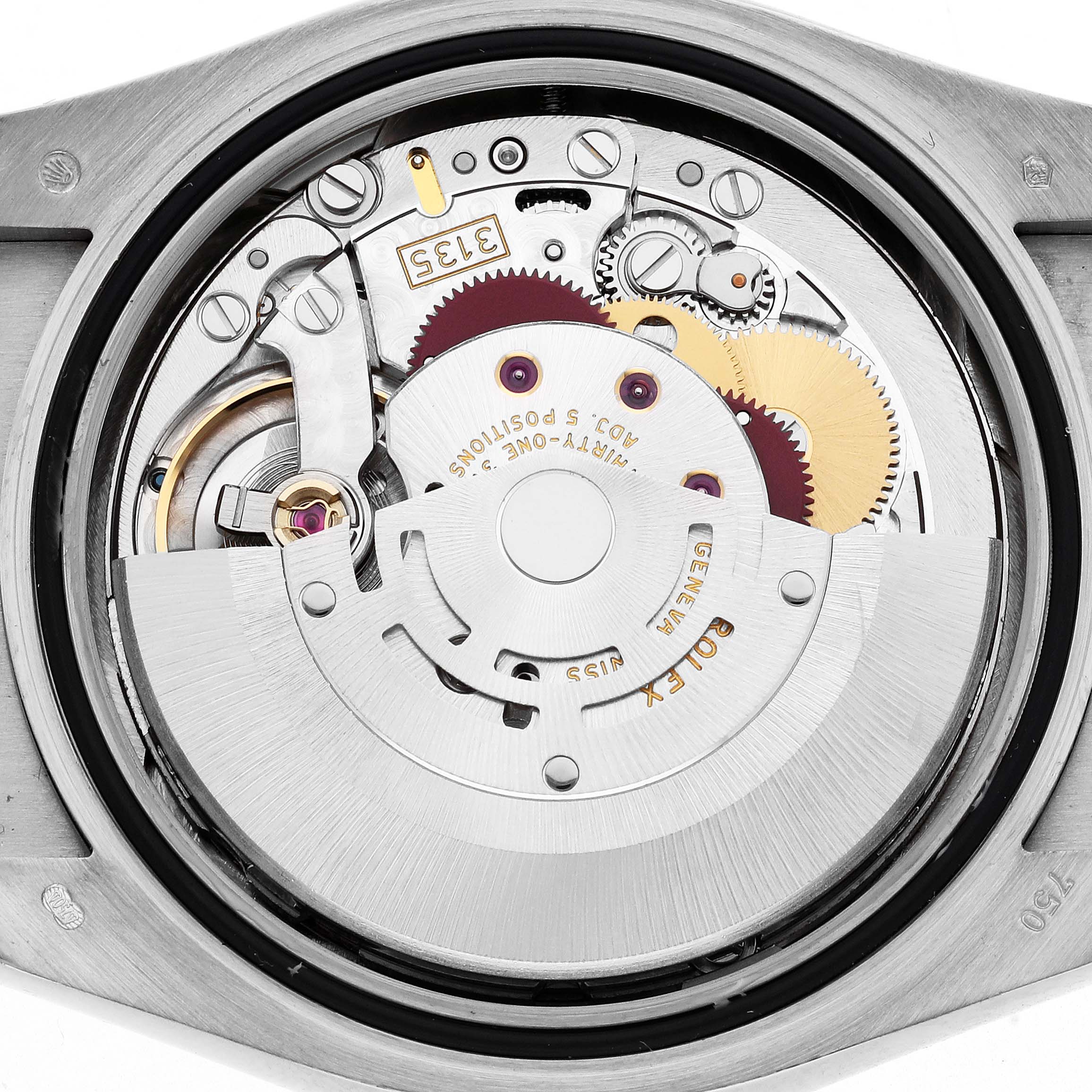 The image shows the detailed internal movement mechanism of a Rolex Datejust 116189 Men
s White Gold Pink Dial 116189 Men
s White Gold Pink Dial watch from a top-down angle.