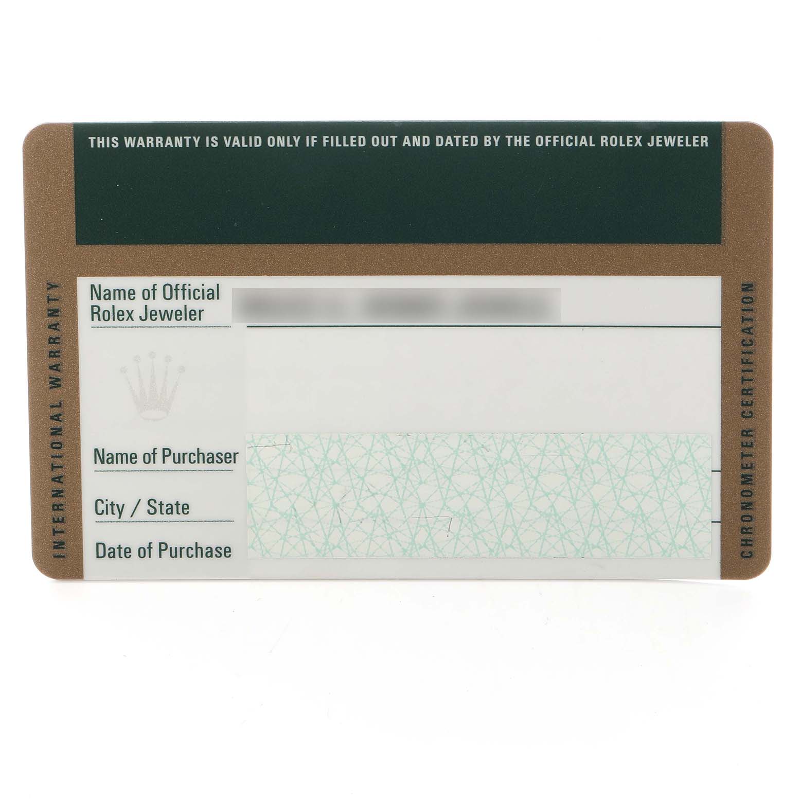 The image shows a Rolex Datejust 116189 Men
s White Gold Pink Dial 116189 Men
s White Gold Pink Dial warranty card with fields for official jeweler and purchaser details.