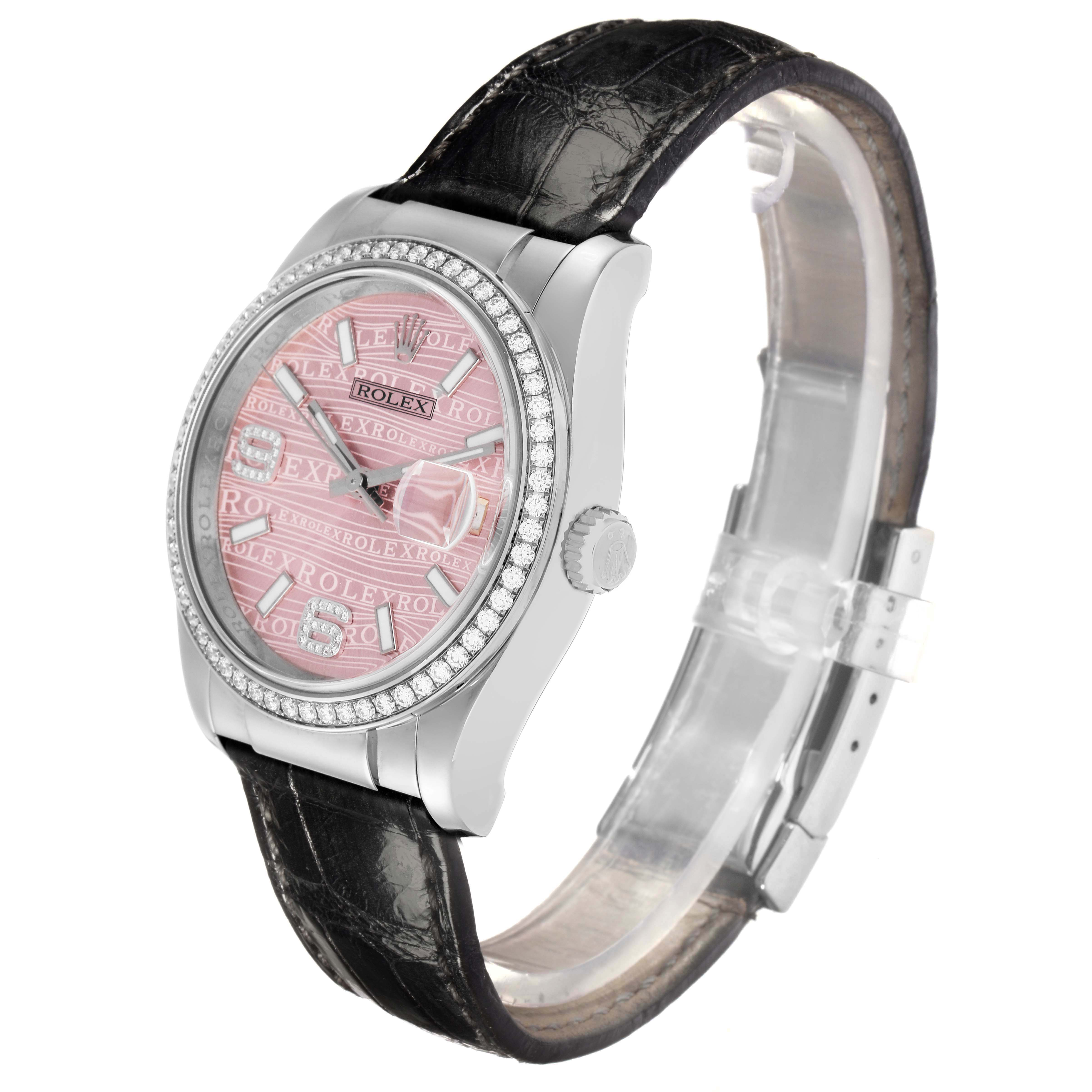 The Rolex Datejust 116189 Men's White Gold Pink Dial watch is shown at an angle highlighting the face, bezel, crown, and leather strap.