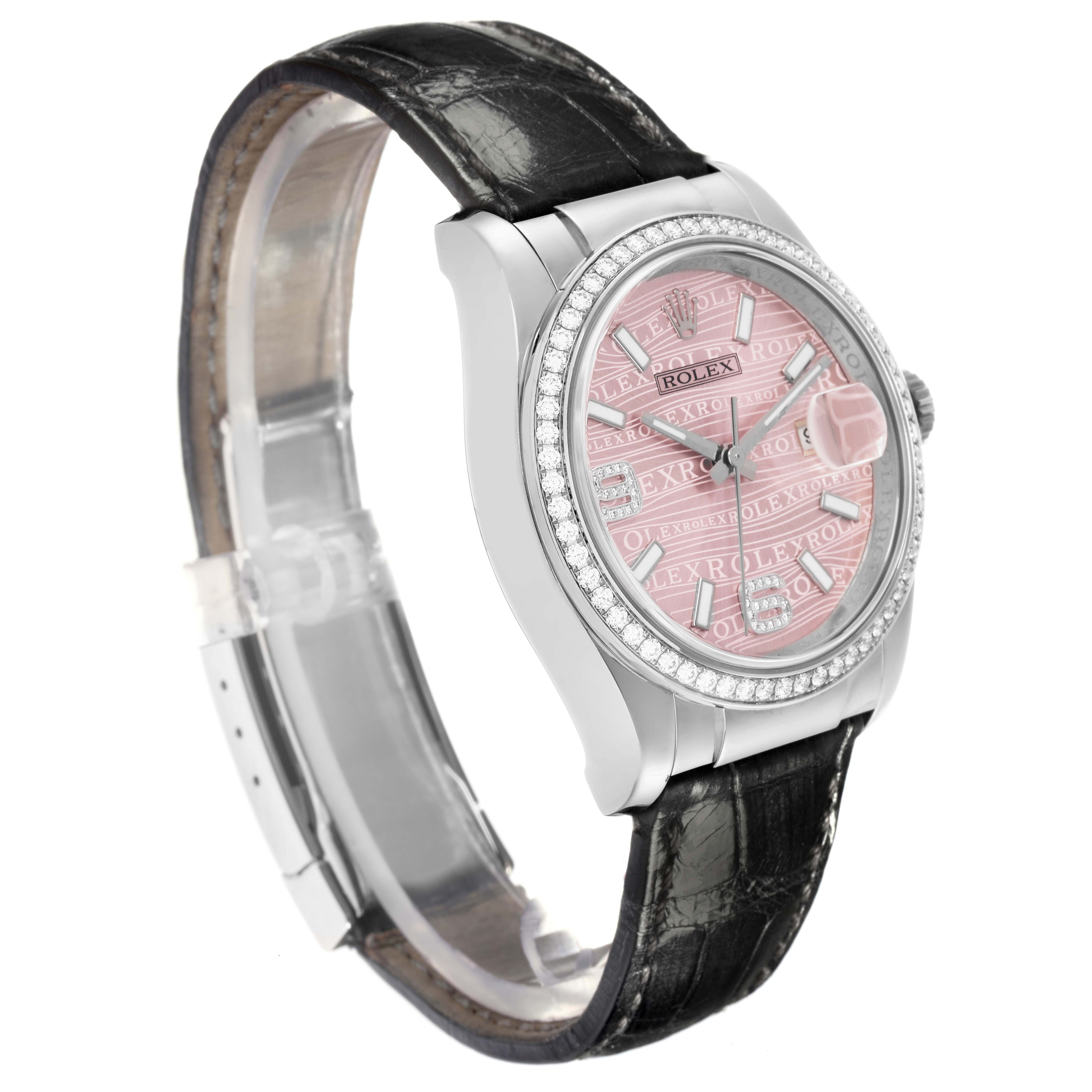 The Rolex Datejust 116189 Men's White Gold Pink Dial watch is shown at a slight angle, highlighting the case, bezel, and leather strap.