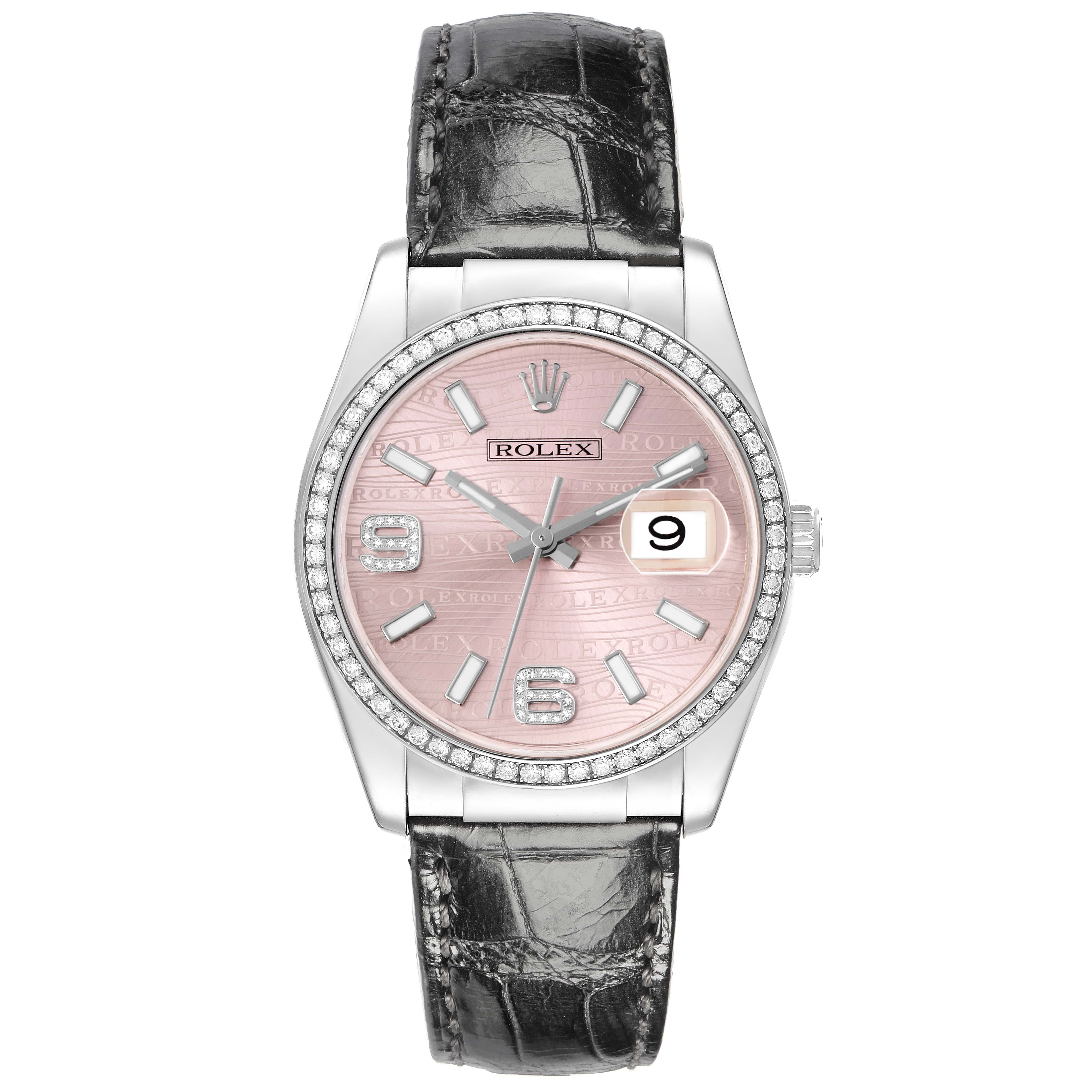 The Rolex Datejust 116189 Men
s White Gold Pink Dial 116189 Men
s White Gold Pink Dial watch is shown from the front, displaying its pink dial, diamond bezel, and black leather strap.