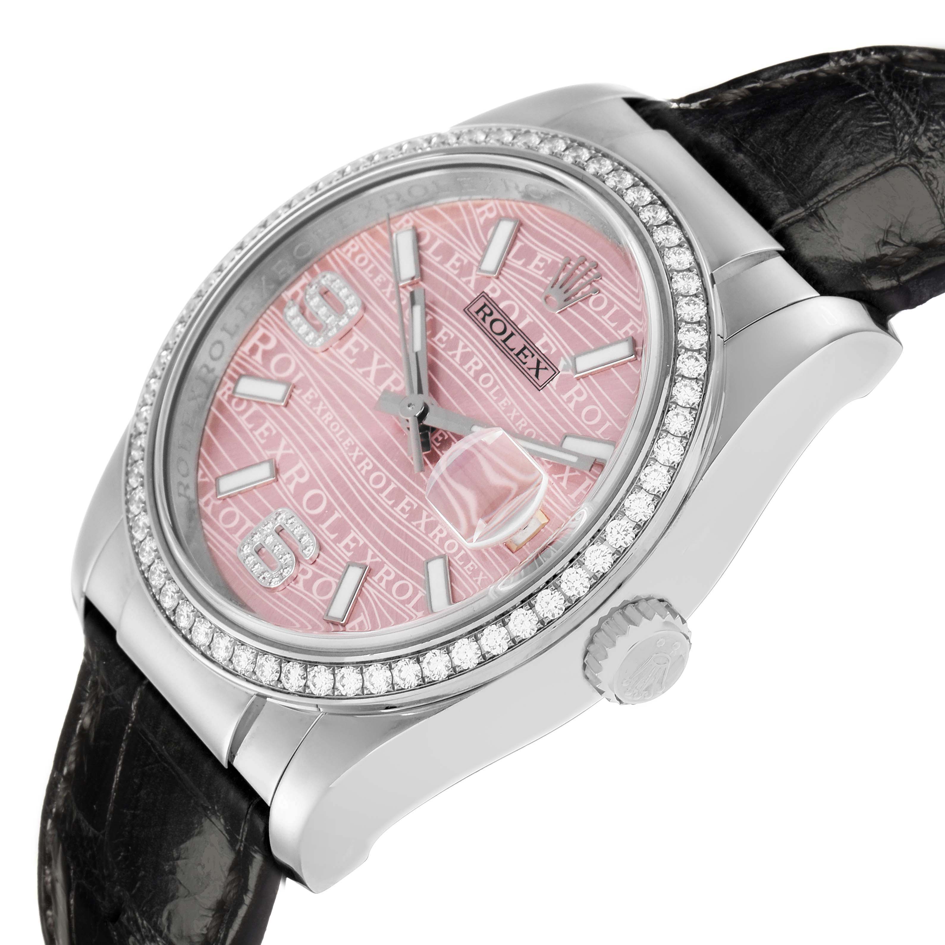 The Rolex Datejust 116189 Men's White Gold Pink Dial watch is shown at an angle, showcasing the pink dial, diamond bezel, crown, and black leather strap.