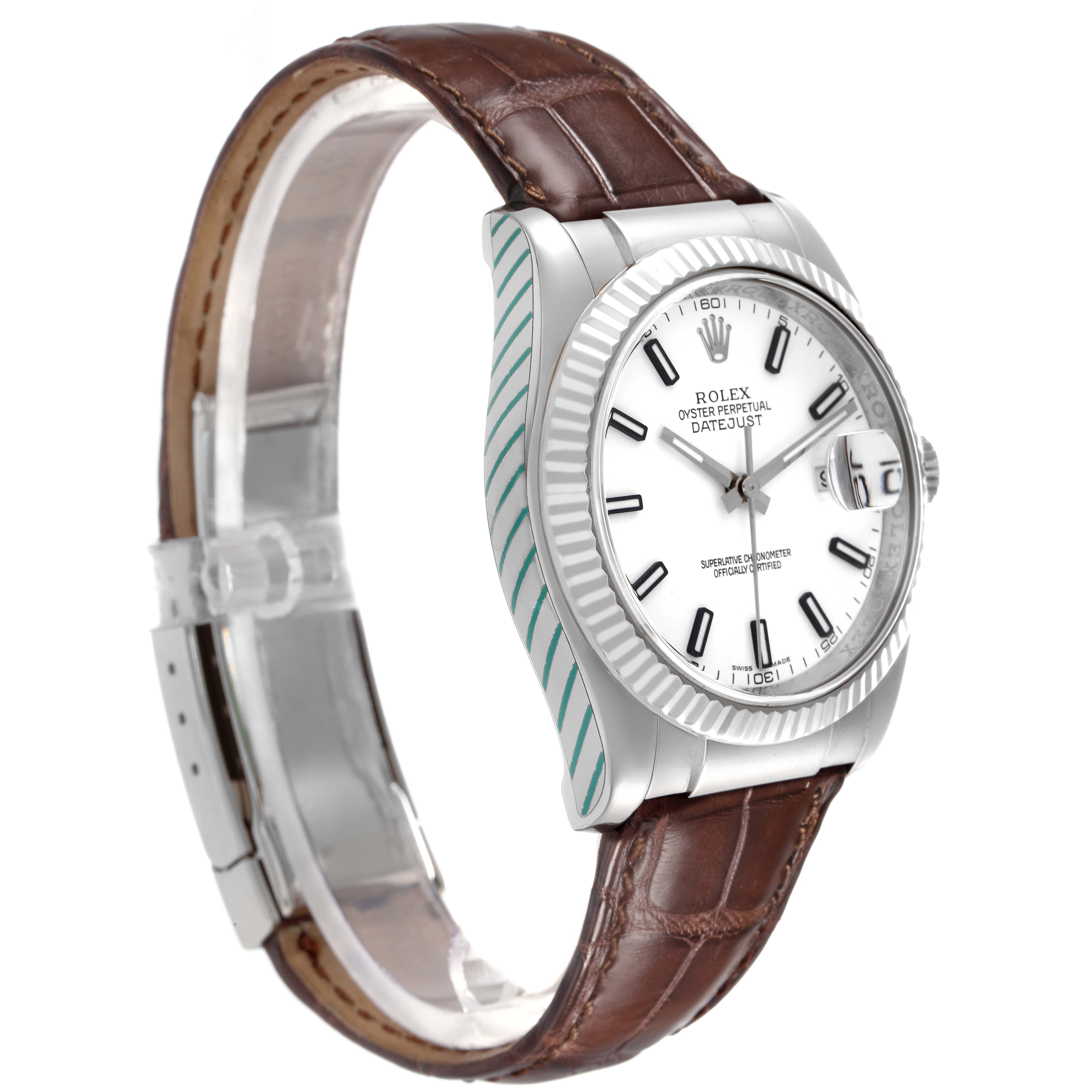 The Rolex Datejust 116139 Men's White Gold White Dial 116139 Men's White Gold White Dial is shown from a side angle, highlighting the face, bezel, crown, and leather strap.