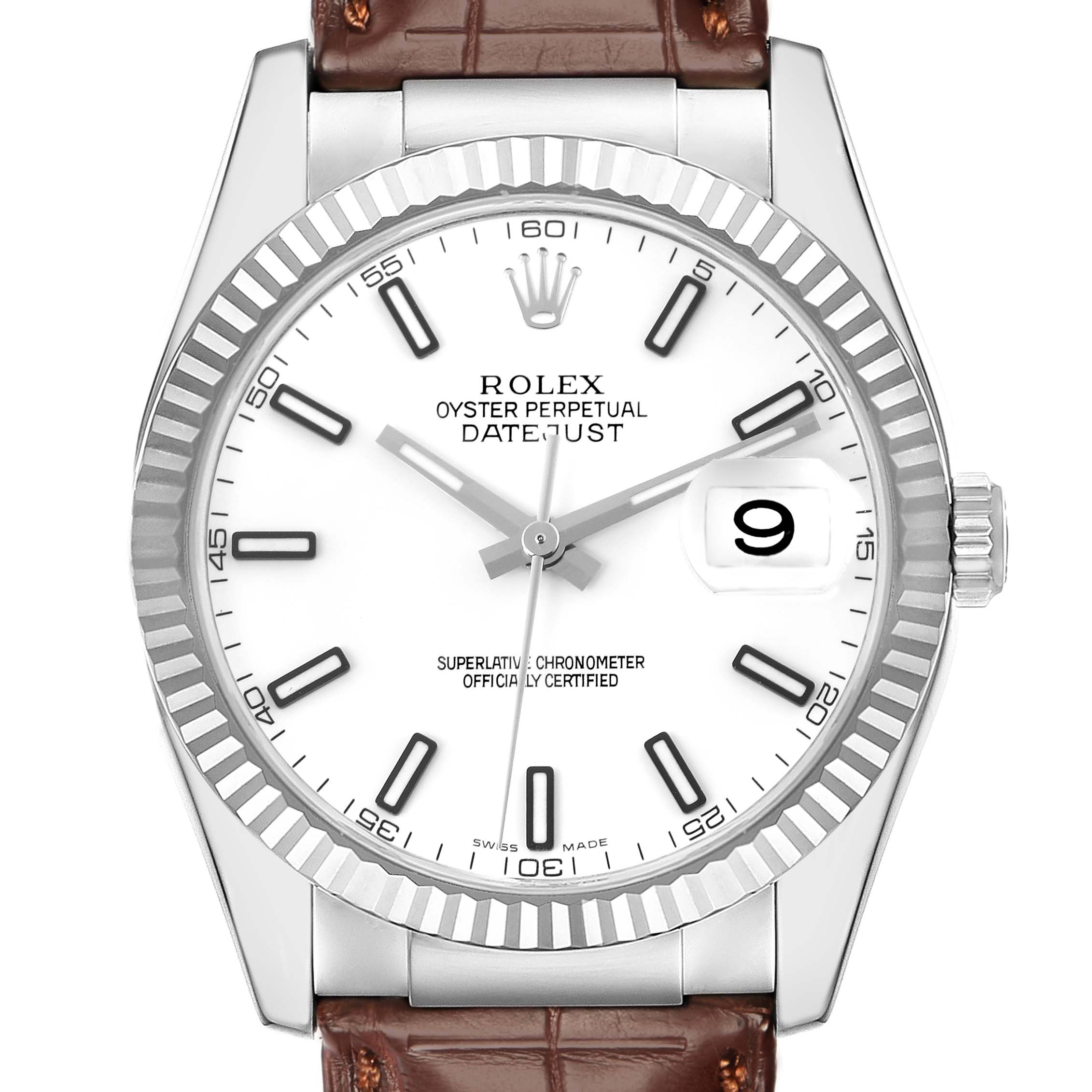 The Rolex Datejust 116139 Men's White Gold White Dial 116139 Men's White Gold White Dial watch is shown from the front, highlighting its white dial, fluted bezel, and brown leather strap.