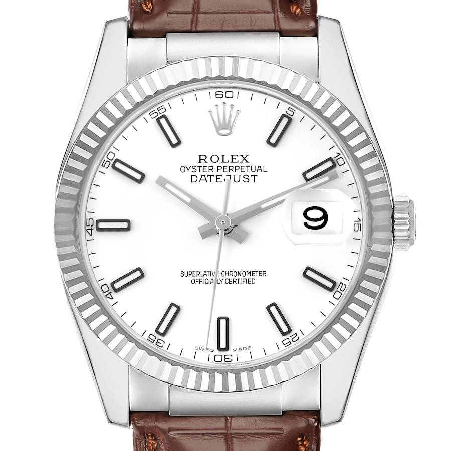 The Rolex Datejust watch is shown from the front, highlighting its white dial, fluted bezel, and brown leather strap.